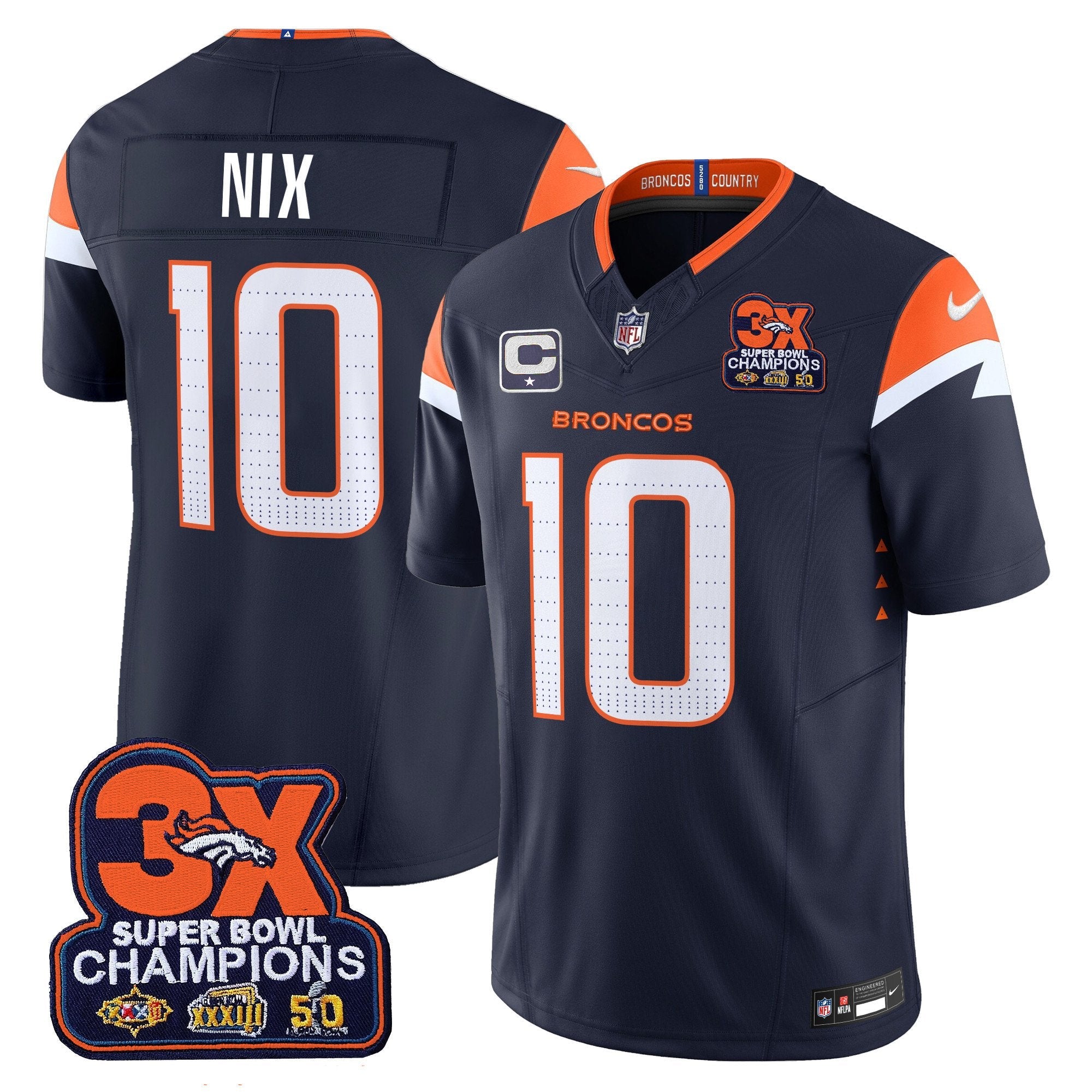 Denver Broncos 3-Time Champions Patch Vapor Limited Jersey – All Stitched – Navy – Bo Nix Jersey
