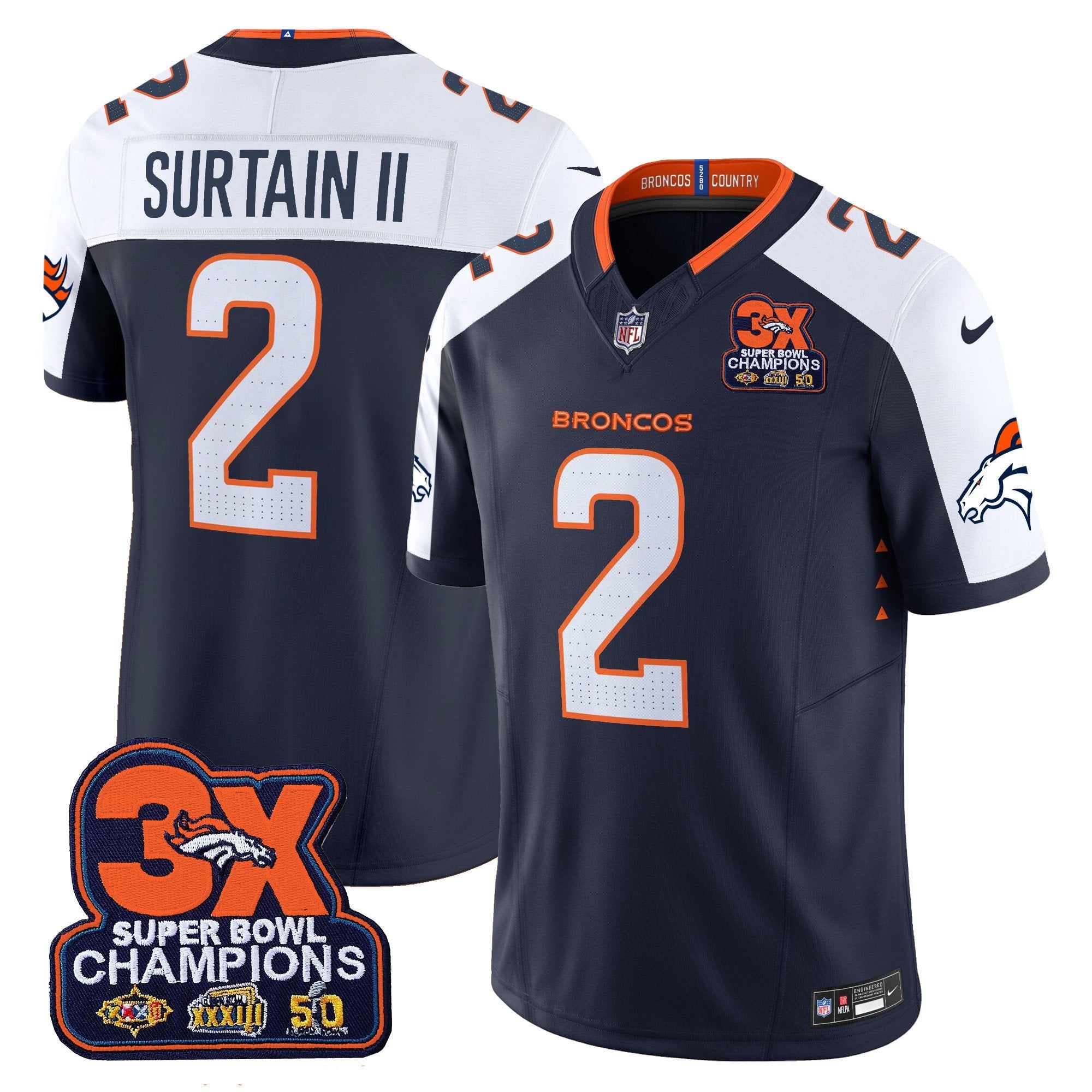 Denver Broncos 3-Time Champions Patch Vapor Limited Jersey – All Stitched – Navy Alternate – Patrick Surtain II Jersey