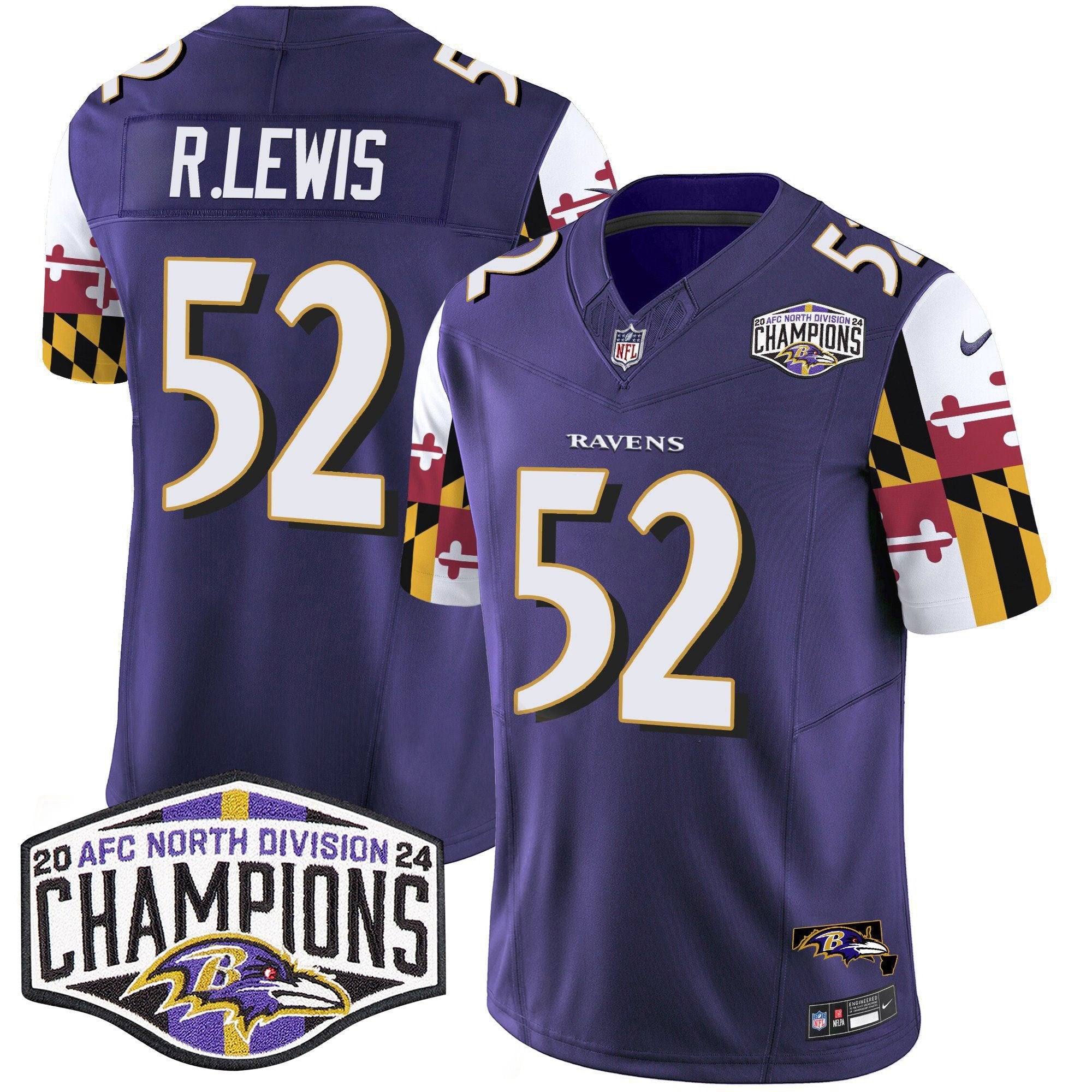 Ravens Maryland Flag 2024 AFC North Division Champions Patch Vapor Limited Jersey – All Stitched – Purple – Ray Lewis Jersey