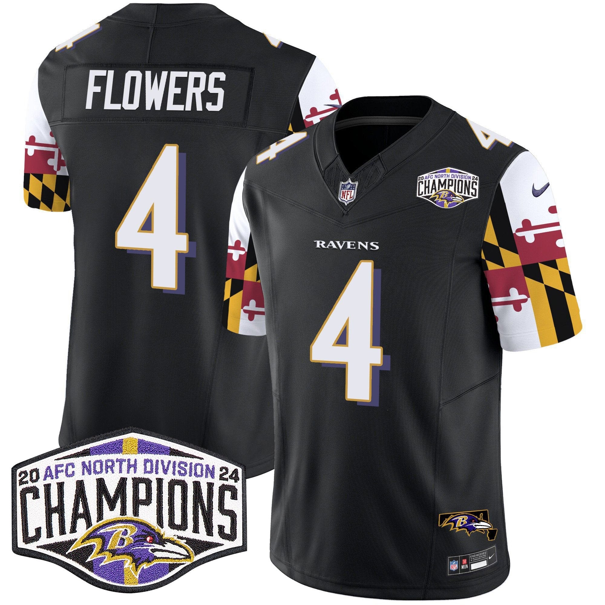 Ravens Maryland Flag 2024 AFC North Division Champions Patch Vapor Limited Jersey – All Stitched – Black – Zay Flowers Jersey
