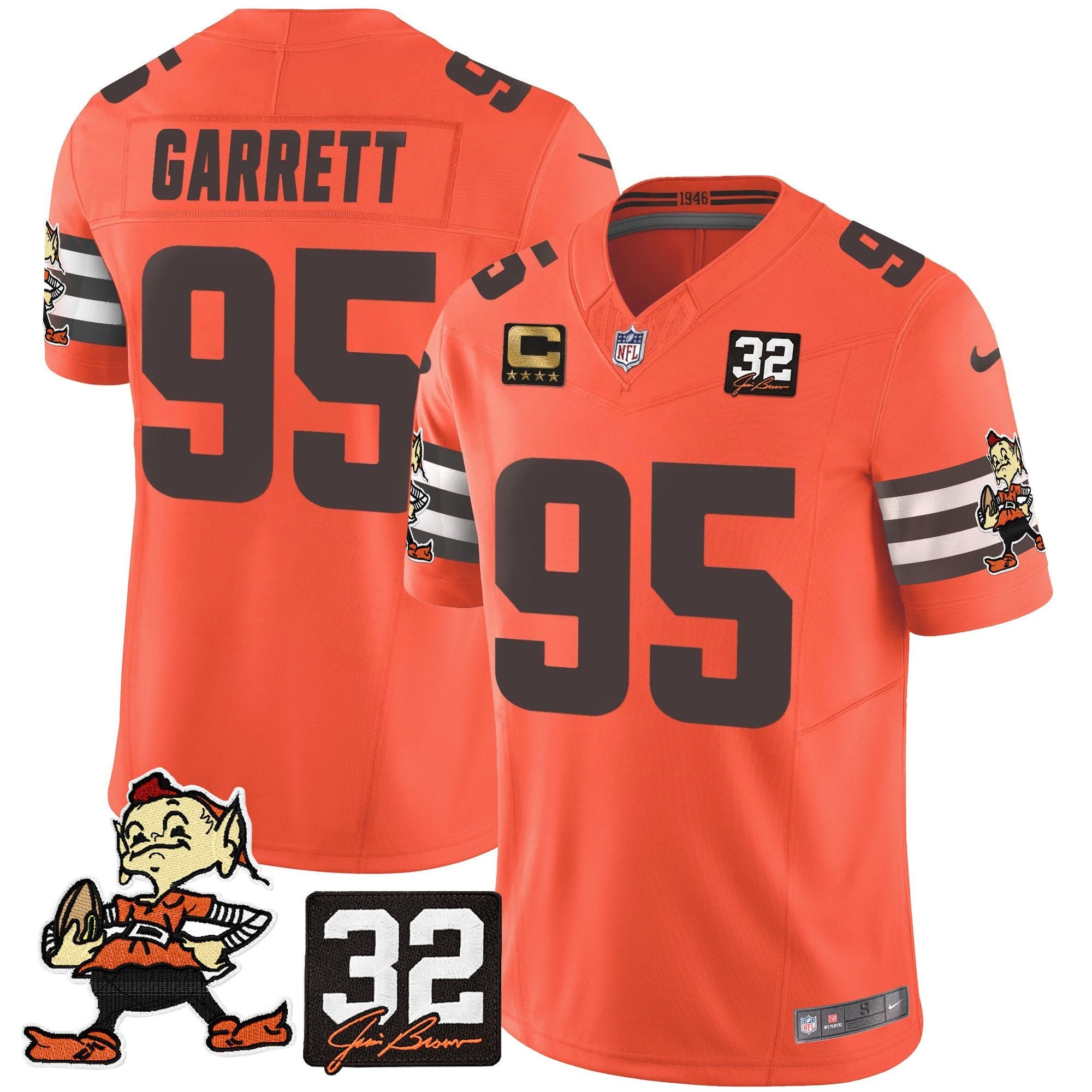 Browns #32 Jim Brown Memorial Patch Vapor Limited Jersey V2 – All Stitched – Orange – Myles Garrett Jersey