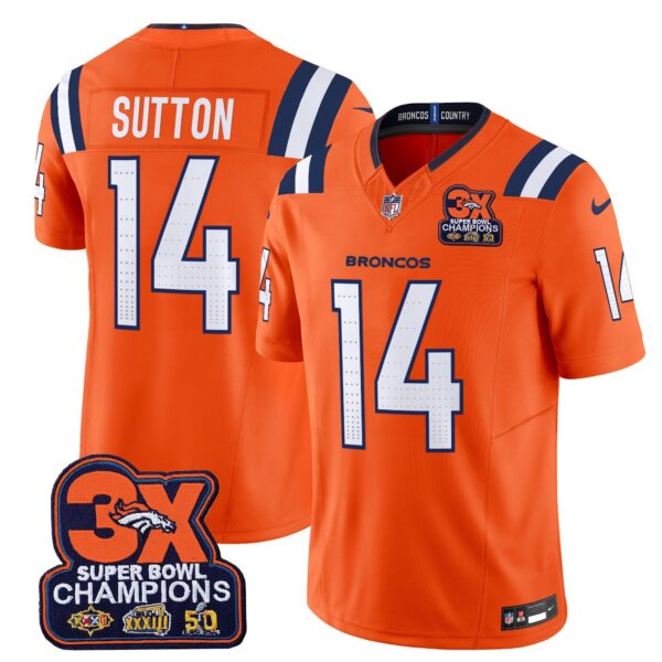 Denver Broncos 3-Time Champions Patch Vapor Limited Jersey V2 – All Stitched – Orange – Courtland Sutton Jersey