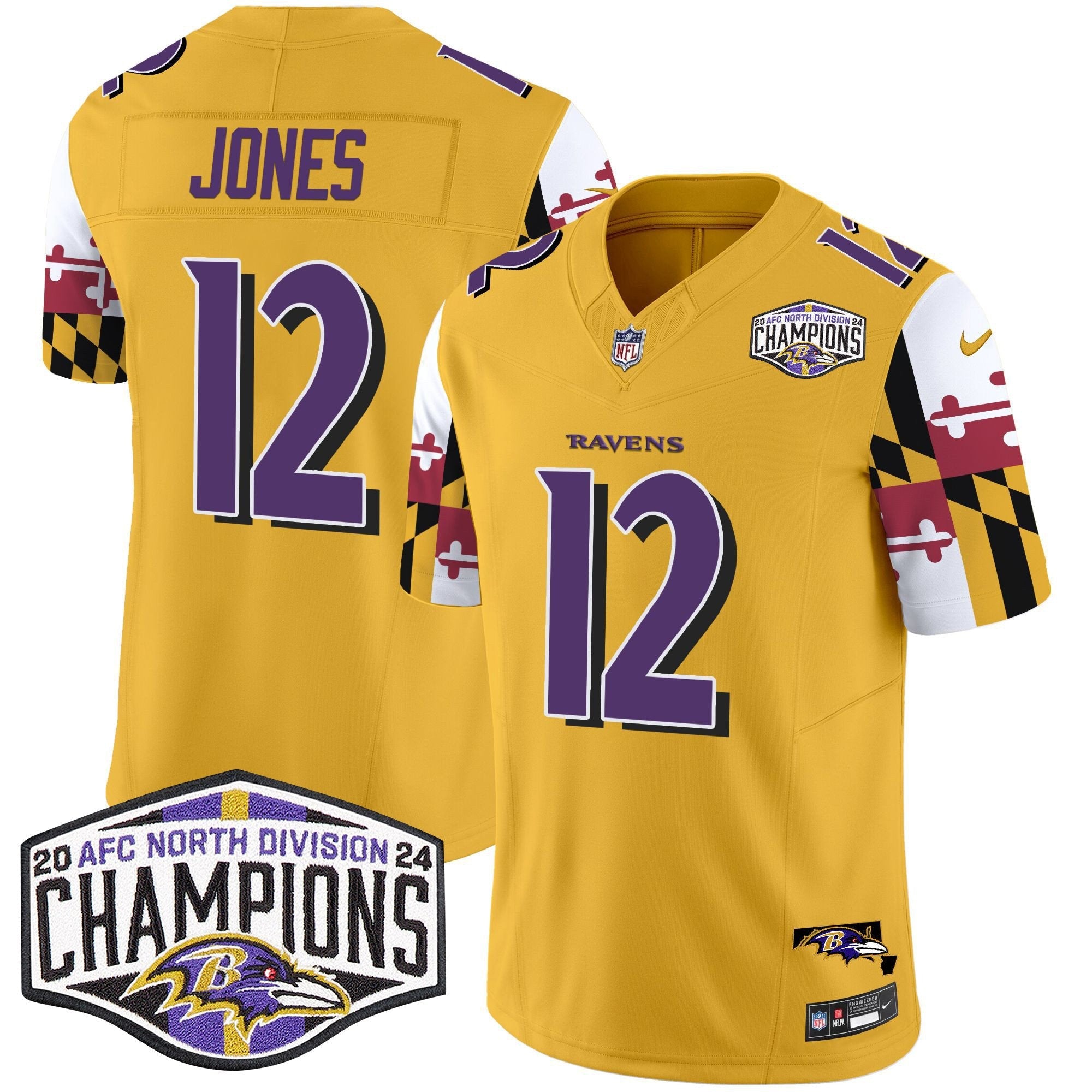 Ravens Maryland Flag 2024 AFC North Division Champions Patch Vapor Limited Jersey – All Stitched – Gold – Jacoby Jones Jersey
