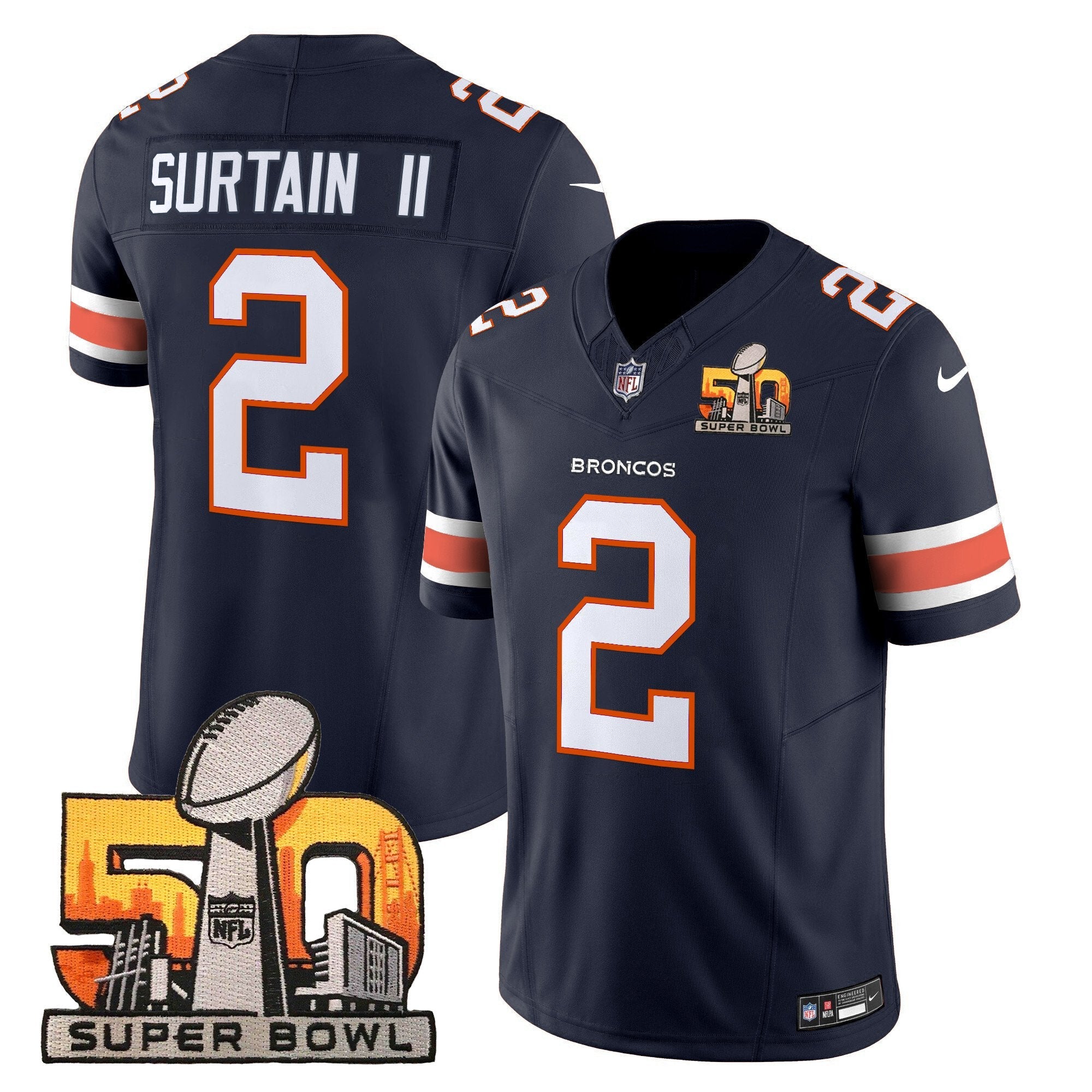 Denver Broncos Super Bowl 50 Patch Vapor Limited Jersey – All Stitched – Navy – Patrick Surtain II Jersey