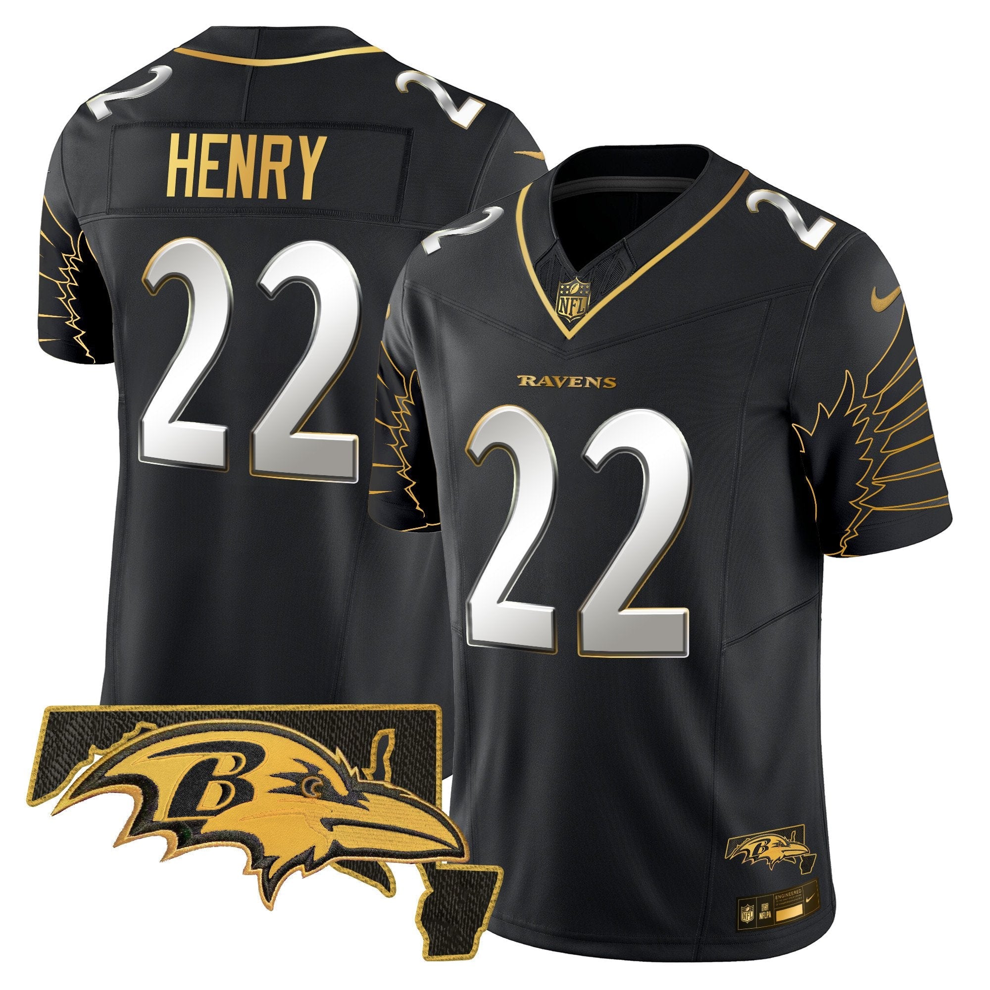 Ravens Maryland Patch Gold Vapor Limited Jersey V2 – All Stitched – Black Limited – Derrick Henry Jersey
