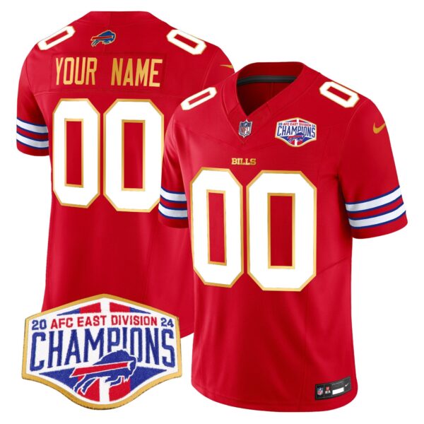 Bills 2024 AFC East Division Champions Gold Trim Vapor Limited Custom Jersey – All Stitched – Red Jersey