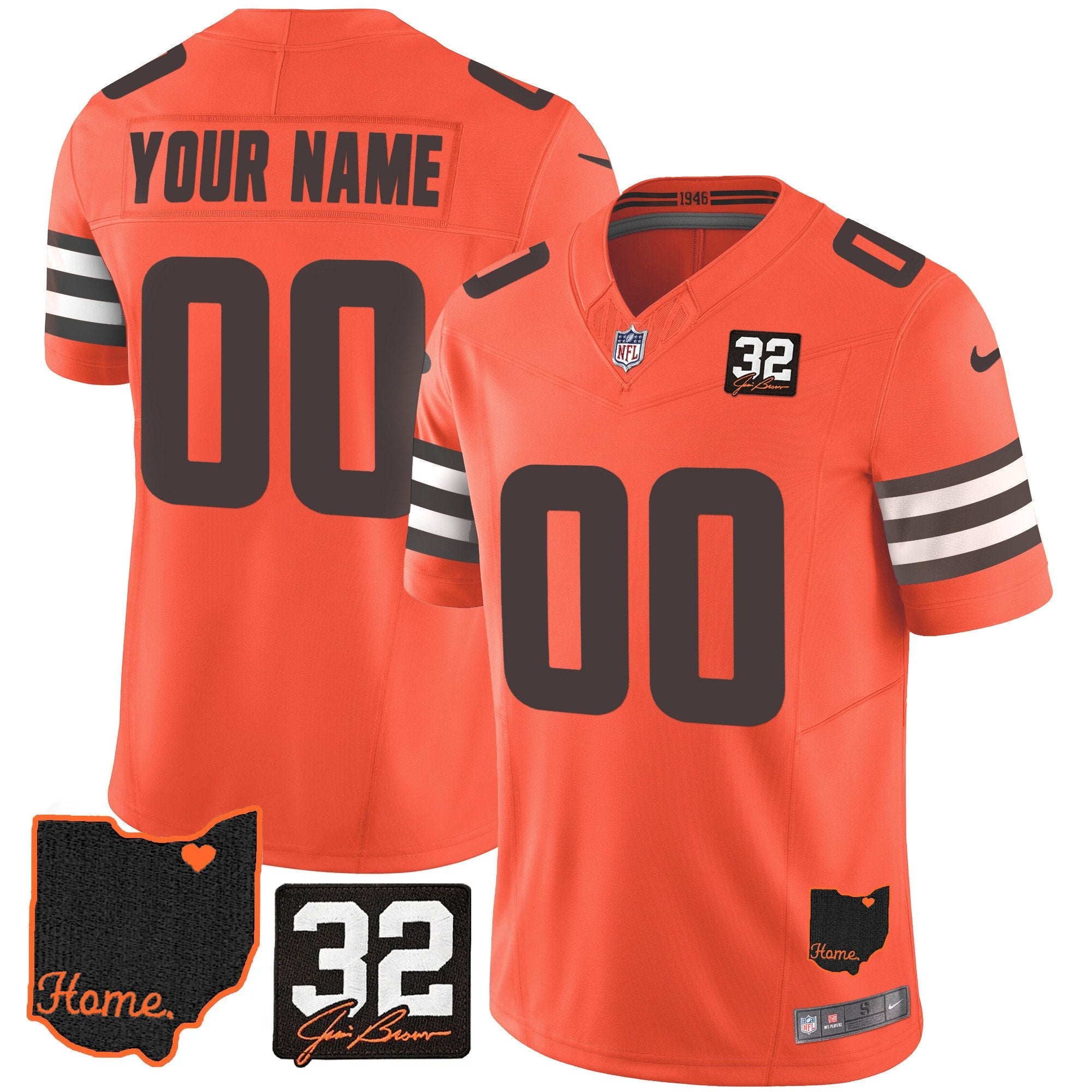 Browns #32 Jim Brown Memorial & Home Patch Custom Jersey V3 – All Stitched – Orange Jersey
