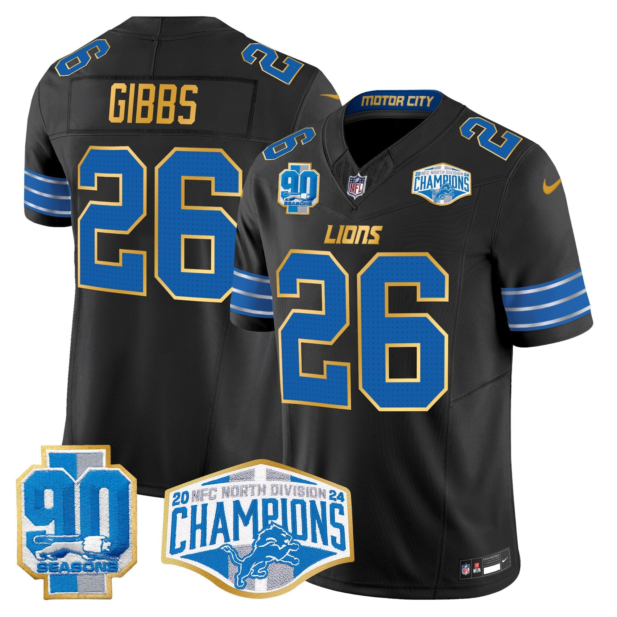 Detroit Lions 2024 NFC North Division Champions Patch Gold Trim Vapor Limited Jersey – All Stitched – Black – Jahmyr Gibbs Jersey