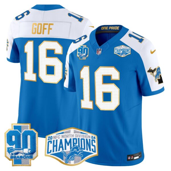 Detroit Lions 2024 NFC North Division Champions Patch Gold Trim Vapor Limited Jersey – All Stitched – Blue Alternate – Jared Goff Jersey