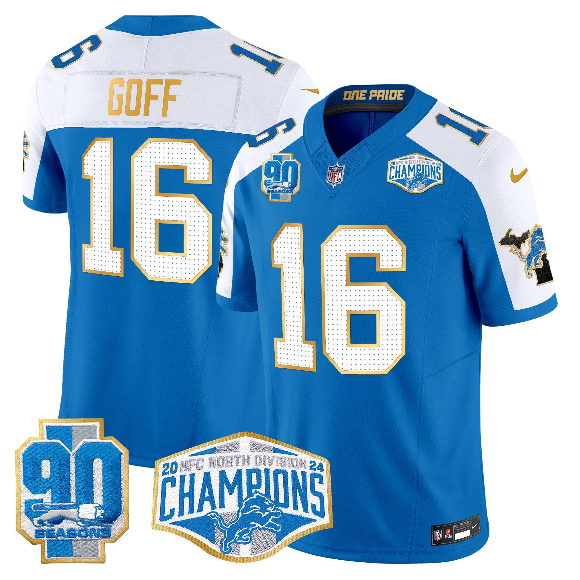 Detroit Lions 2024 NFC North Division Champions Patch Gold Trim Vapor Limited Jersey – All Stitched – Blue Alternate – Jared Goff Jersey