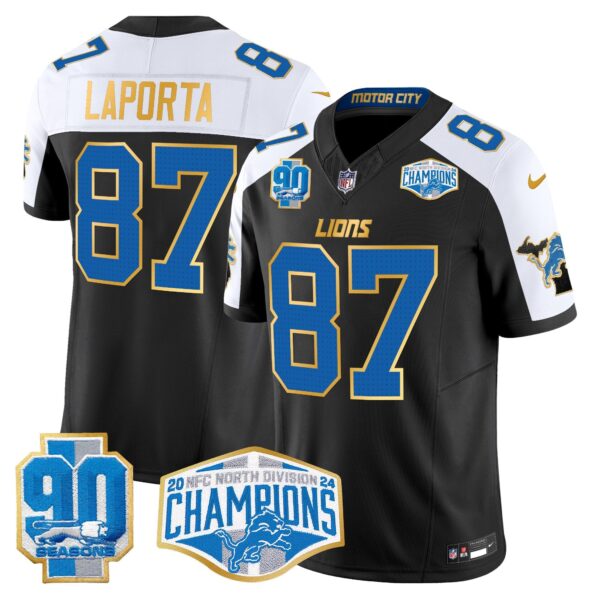 Detroit Lions 2024 NFC North Division Champions Patch Gold Trim Vapor Limited Jersey – All Stitched – Black Alternate – Sam Laporta Jersey