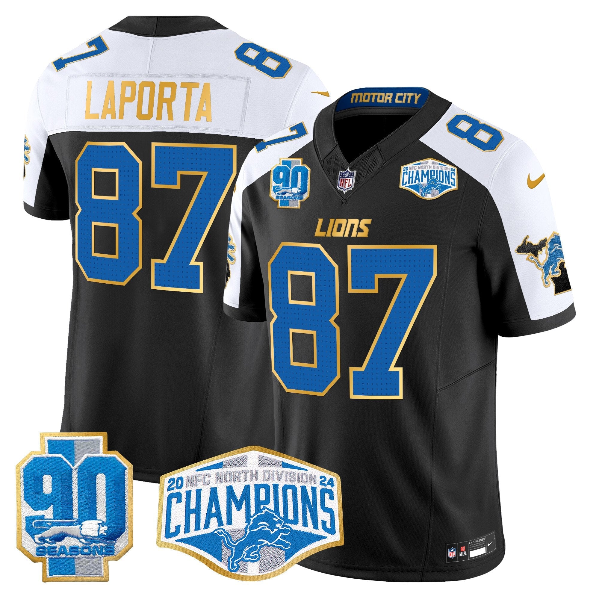 Detroit Lions 2024 NFC North Division Champions Patch Gold Trim Vapor Limited Jersey – All Stitched – Black Alternate – Sam Laporta Jersey