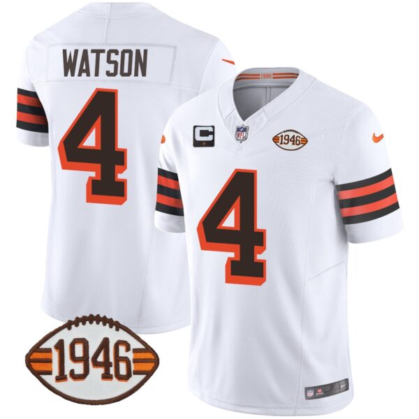 Browns 1946 75th Anniversary Patch Jersey – All Stitched – 1946 White – Deshaun Watson Jersey