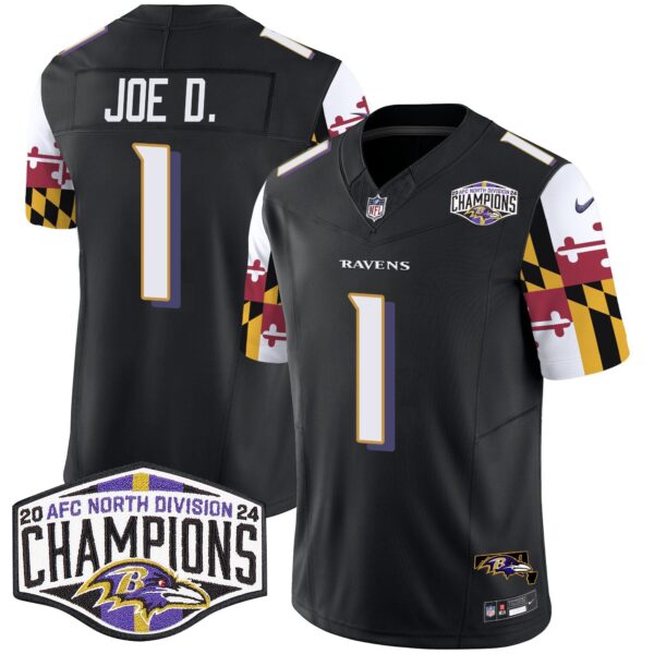 Ravens Maryland Flag 2024 AFC North Division Champions Patch Vapor Limited Jersey – All Stitched – Black – Joe D Jersey