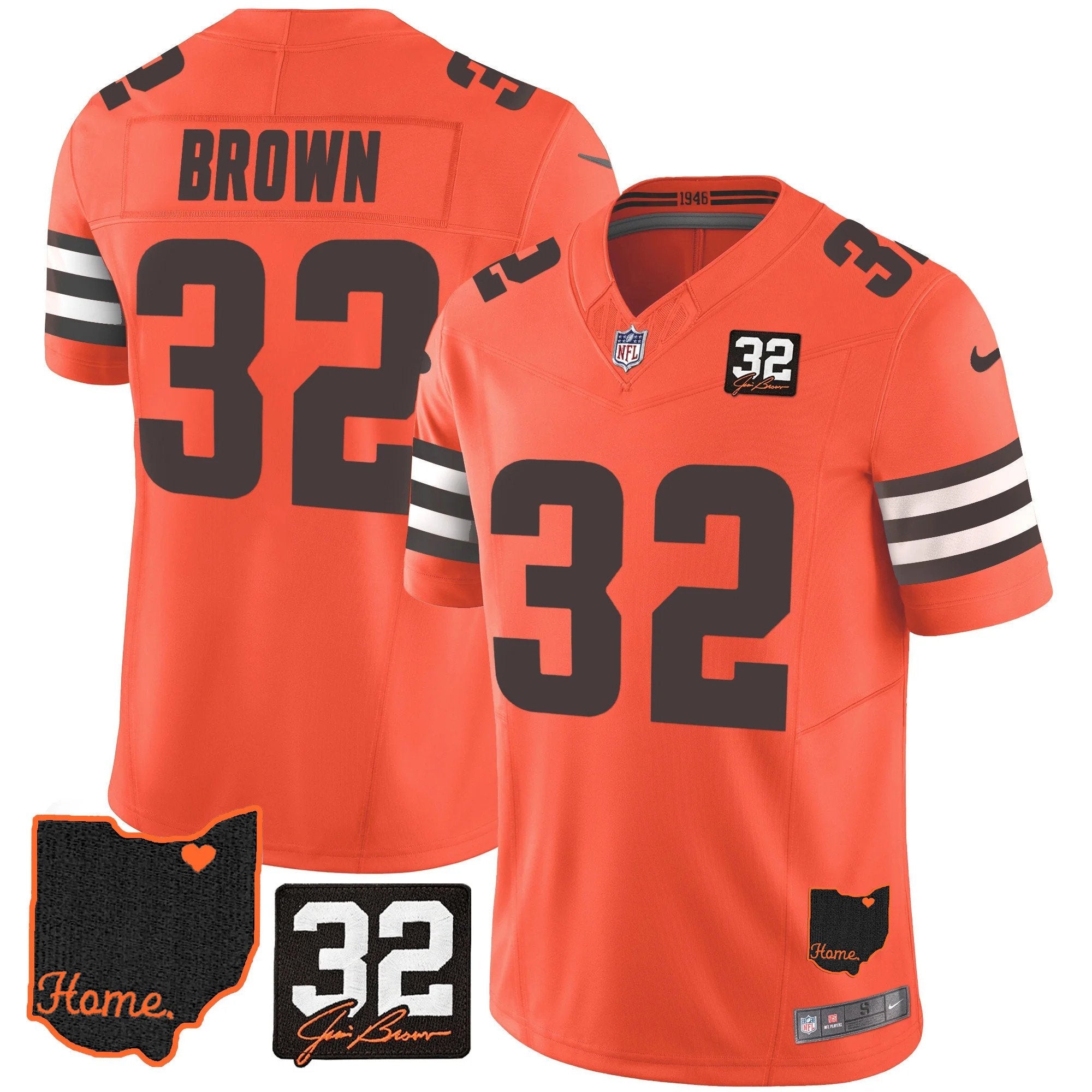 Browns #32 Jim Brown Memorial & Home Patch Jersey V3 – All Stitched – Orange – Jim Brown Jersey