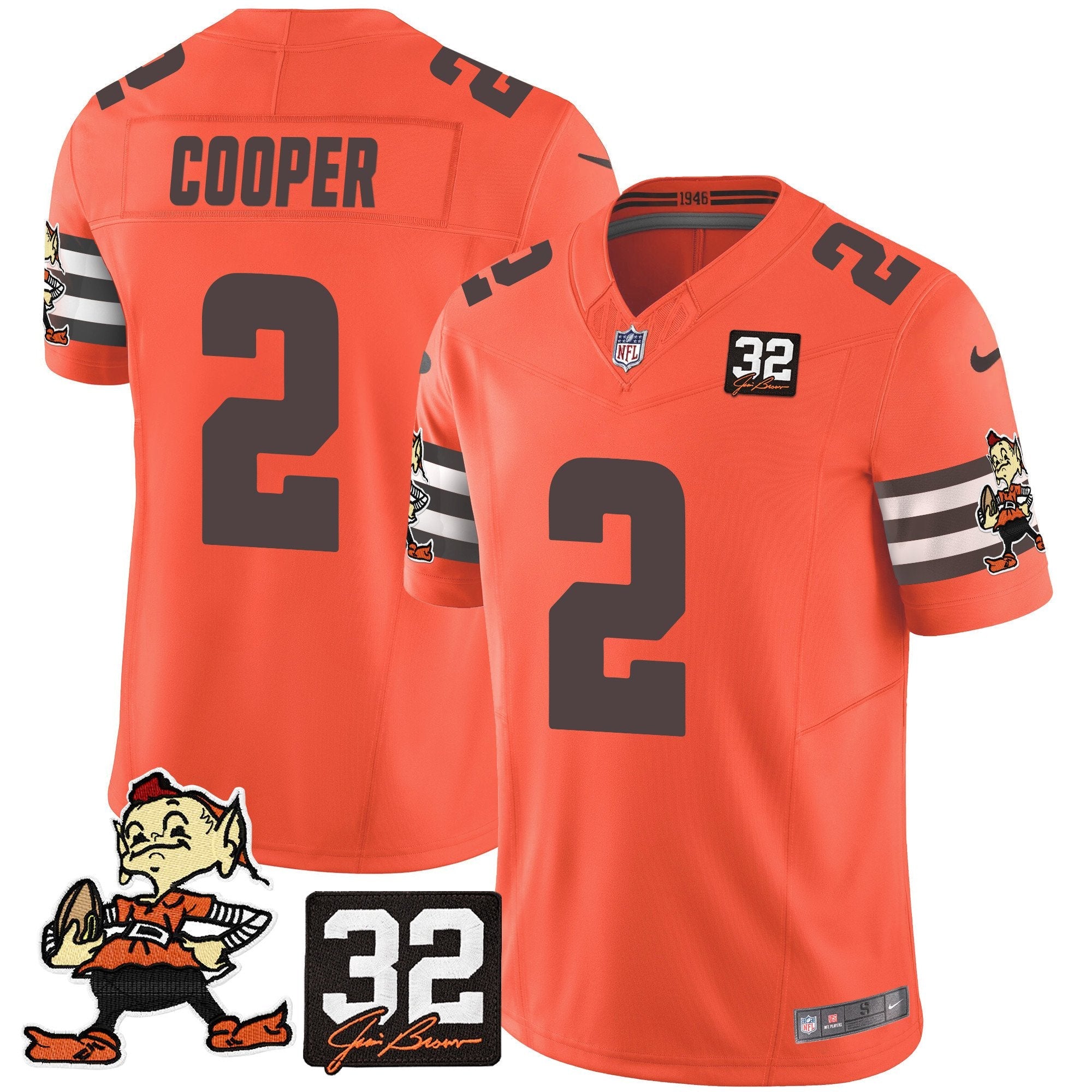 Browns #32 Jim Brown Memorial Patch Vapor Limited Jersey V2 – All Stitched – Orange – Amari Cooper Jersey