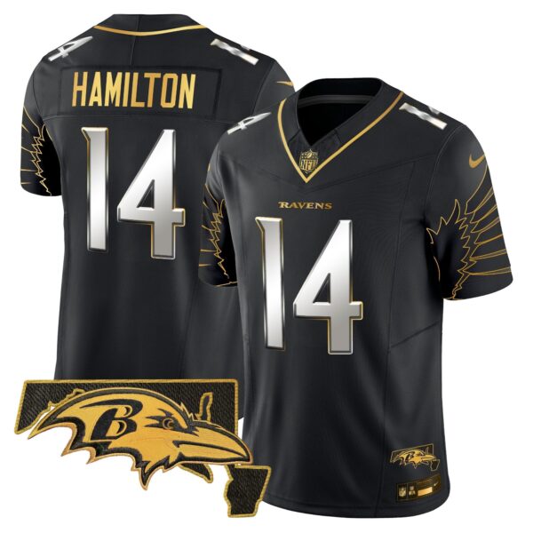 Ravens Maryland Patch Gold Vapor Limited Jersey V2 – All Stitched – Black Limited – Kyle Hamilton Jersey
