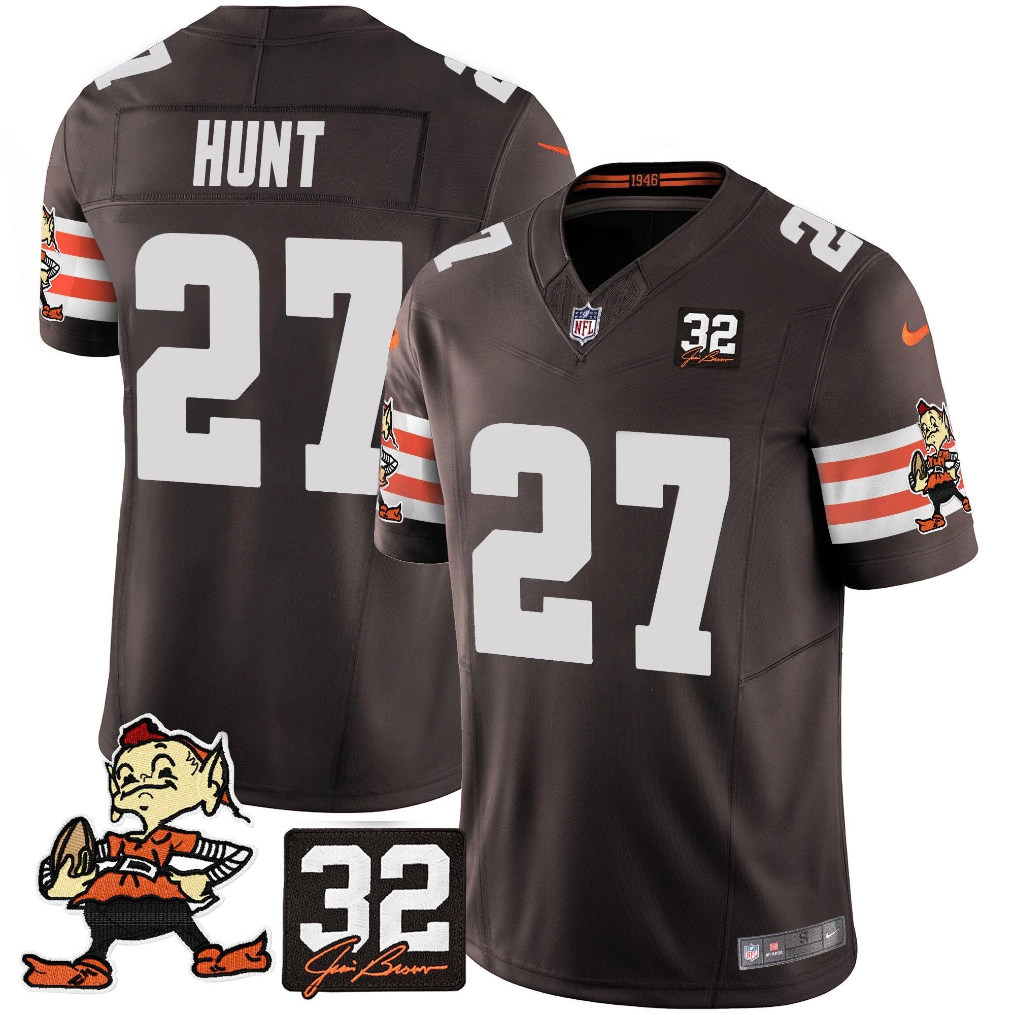 Browns #32 Jim Brown Memorial Patch Vapor Limited Jersey V2 – All Stitched – Brown – Kareem Hunt Jersey