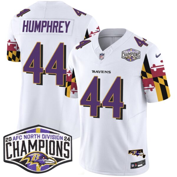 Ravens Maryland Flag 2024 AFC North Division Champions Patch Vapor Limited Jersey – All Stitched – White – Marlon Humphrey Jersey