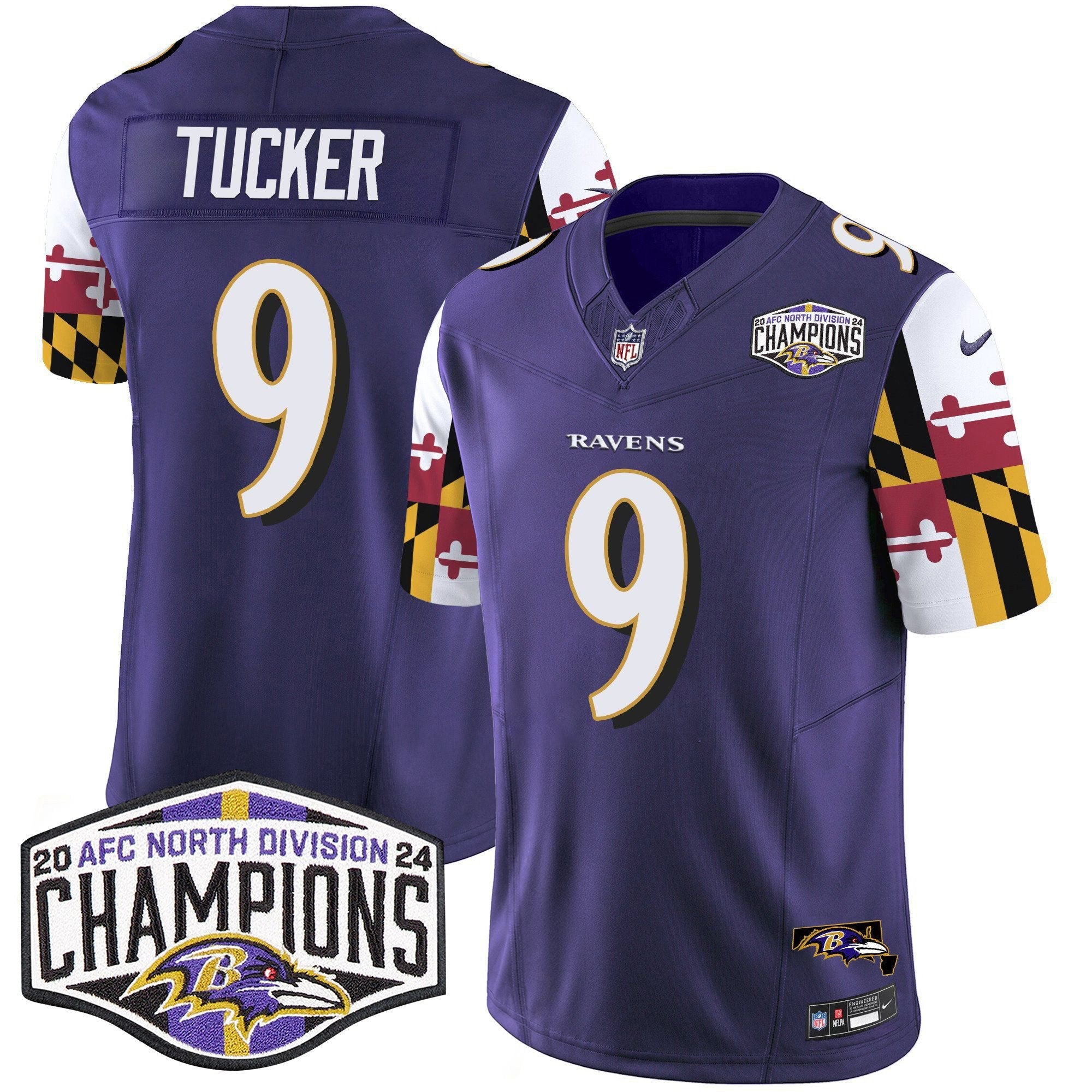 Ravens Maryland Flag 2024 AFC North Division Champions Patch Vapor Limited Jersey – All Stitched – Purple – Justin Tucker Jersey