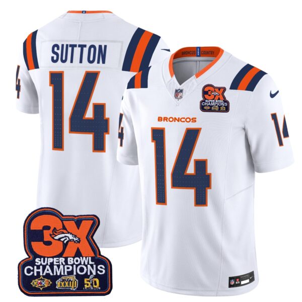 Denver Broncos 3-Time Champions Patch Vapor Limited Jersey V2 – All Stitched – White – Courtland Sutton Jersey
