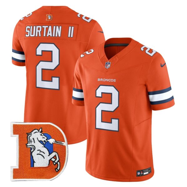 Denver Broncos Throwback Vapor Limited Jersey V2 – All Stitched – Orange – Patrick Surtain II Jersey