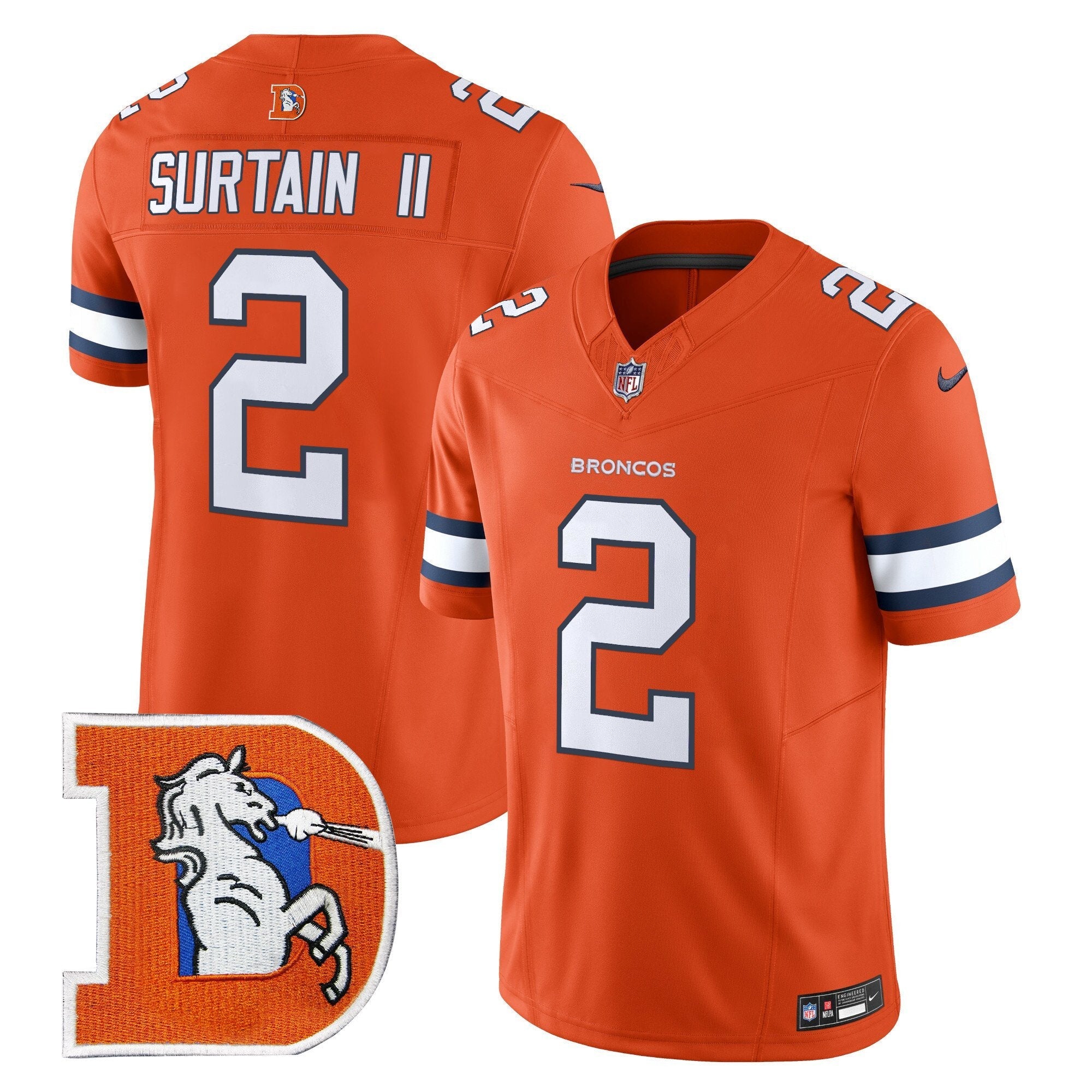 Denver Broncos Throwback Vapor Limited Jersey V2 – All Stitched – Orange – Patrick Surtain II Jersey