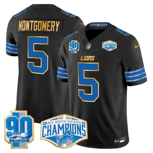Detroit Lions 2024 NFC North Division Champions Patch Gold Trim Vapor Limited Jersey – All Stitched – Black – David Montgomery Jersey