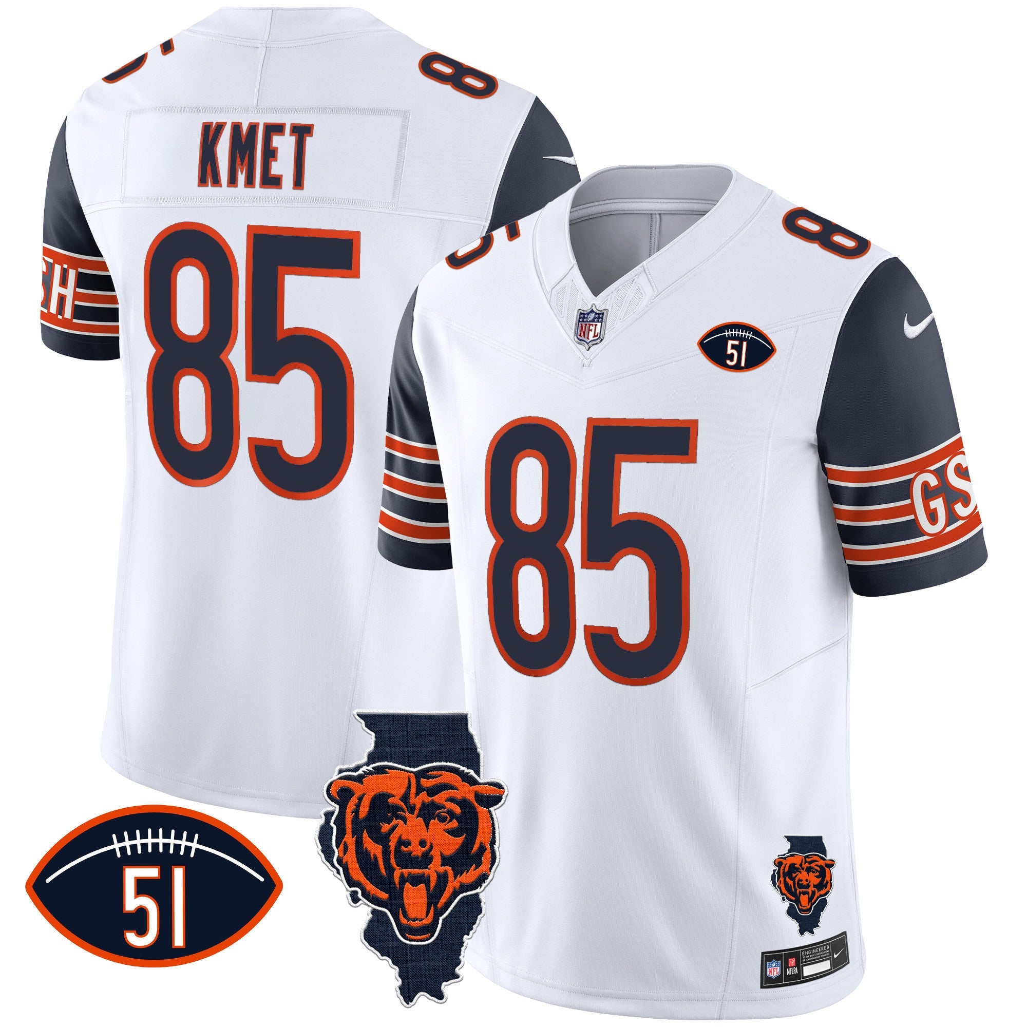 Bears Illinois Patch Vapor Jersey – All Stitched – Navy Sleeves – Cole Kmet Jersey