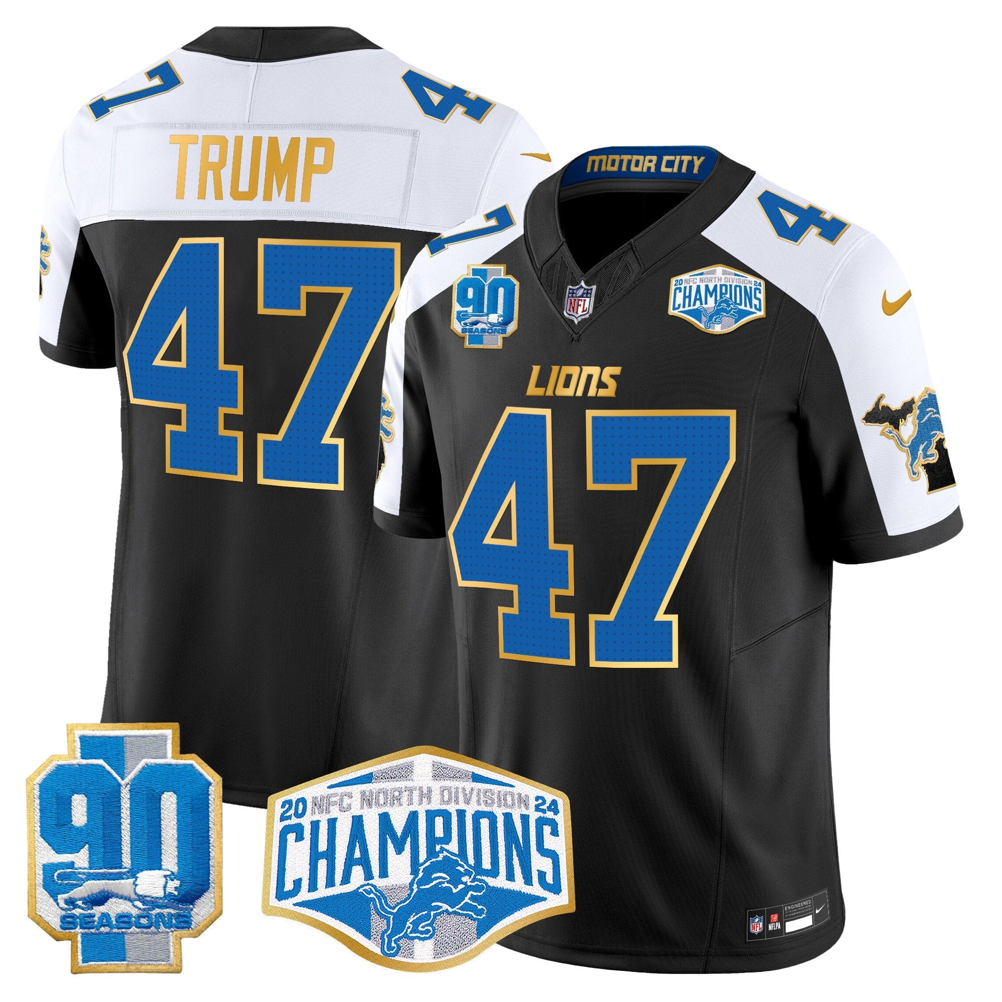 Detroit Lions 2024 NFC North Division Champions Patch Gold Trim Vapor Limited Jersey – All Stitched – Black Alternate – Donald Trump Jersey
