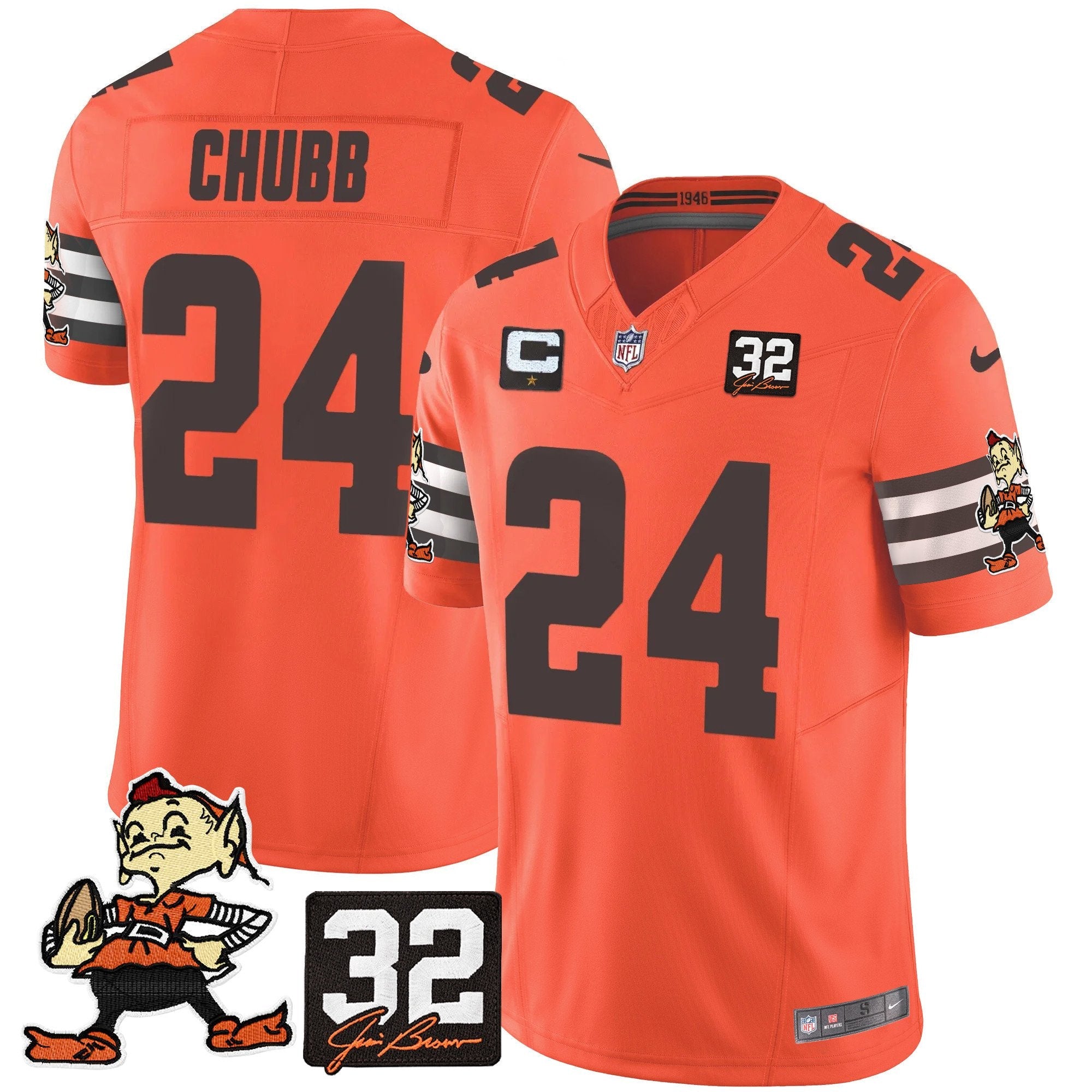 Browns #32 Jim Brown Memorial Patch Vapor Limited Jersey V2 – All Stitched – Orange – Nick Chubb Jersey