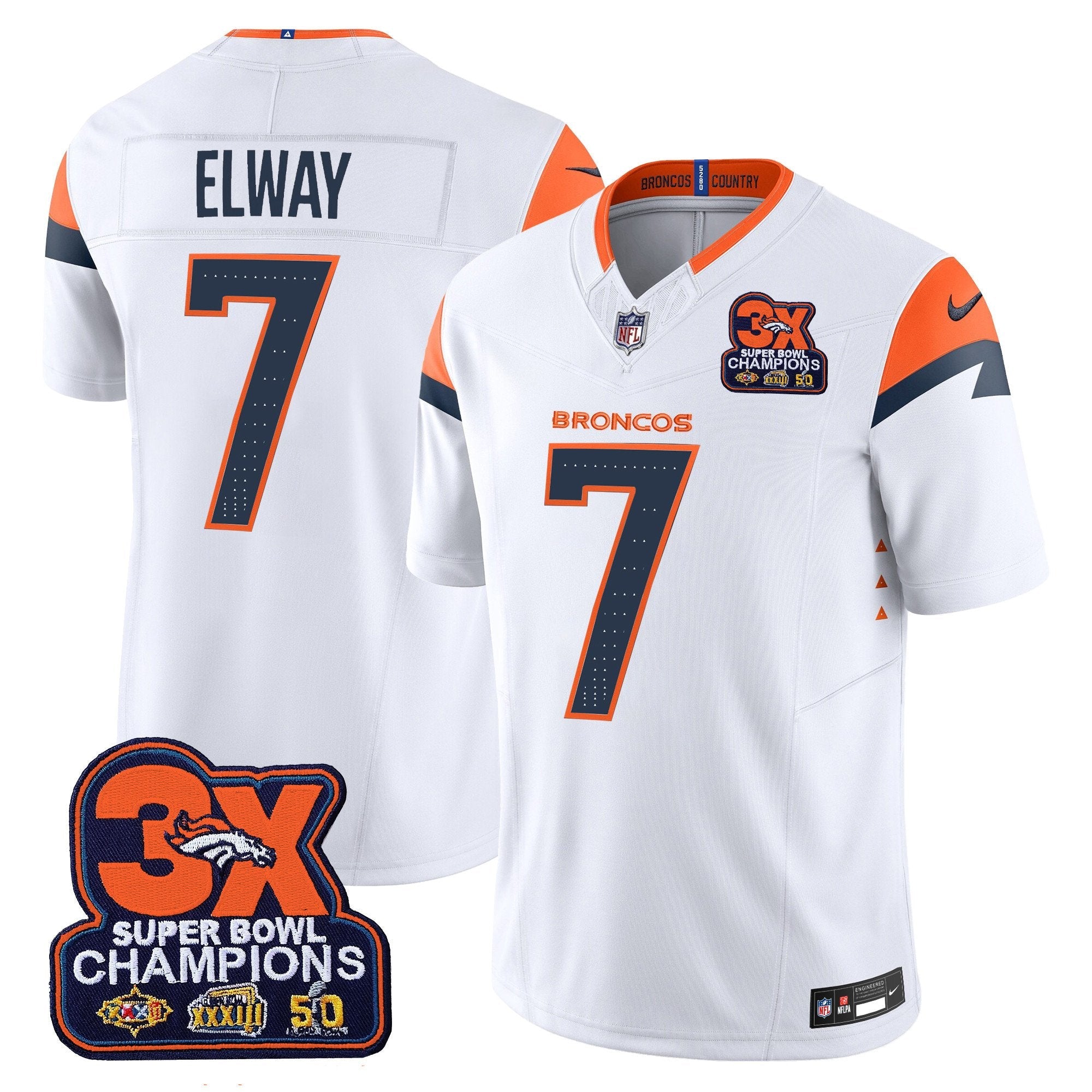 Denver Broncos 3-Time Champions Patch Vapor Limited Jersey – All Stitched – White – John Elway Jersey