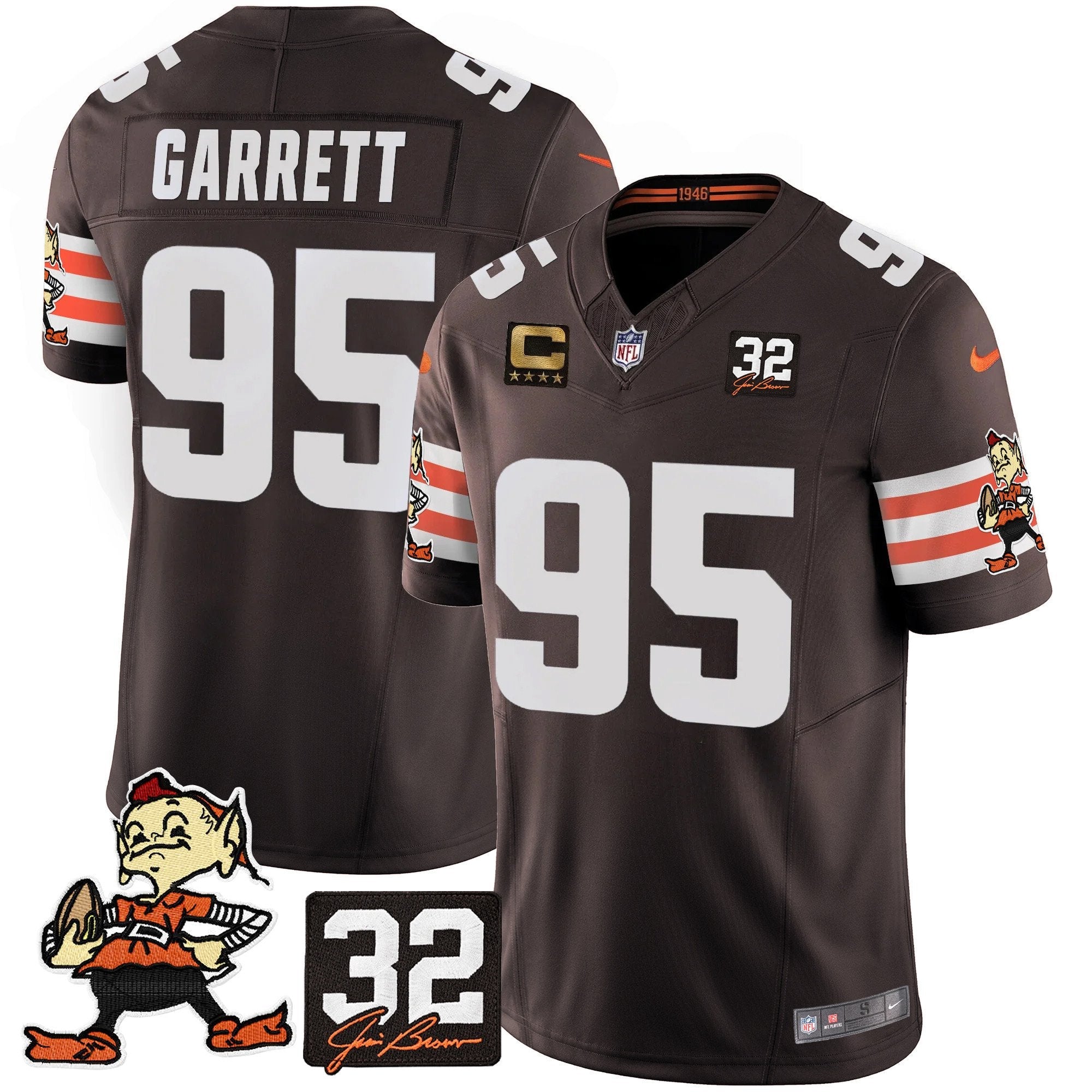 Browns #32 Jim Brown Memorial Patch Vapor Limited Jersey V2 – All Stitched – Brown – Myles Garrett Jersey