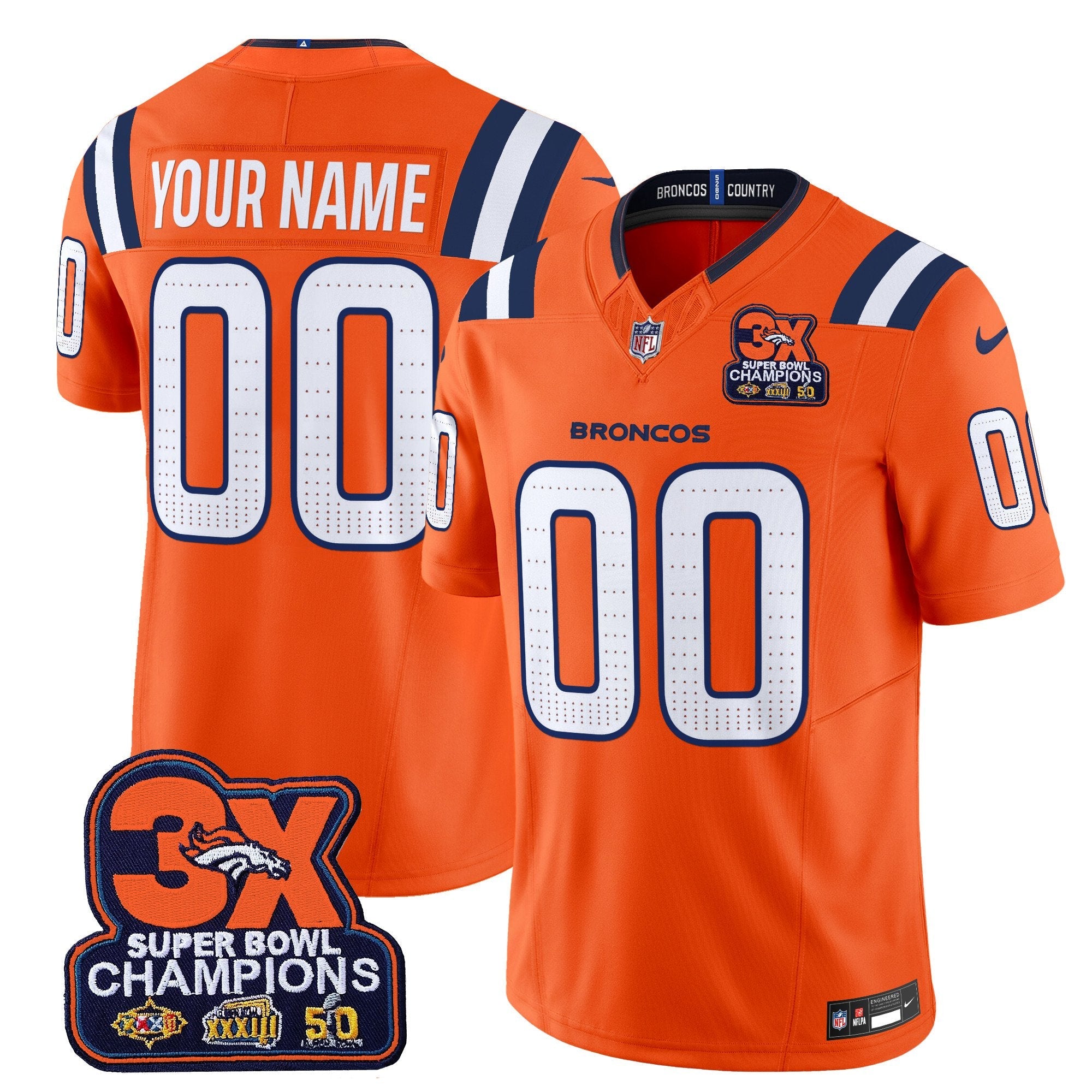 Denver Broncos 3-Time Champions Patch Vapor Limited Custom Jersey V2 – All Stitched – Orange Jersey