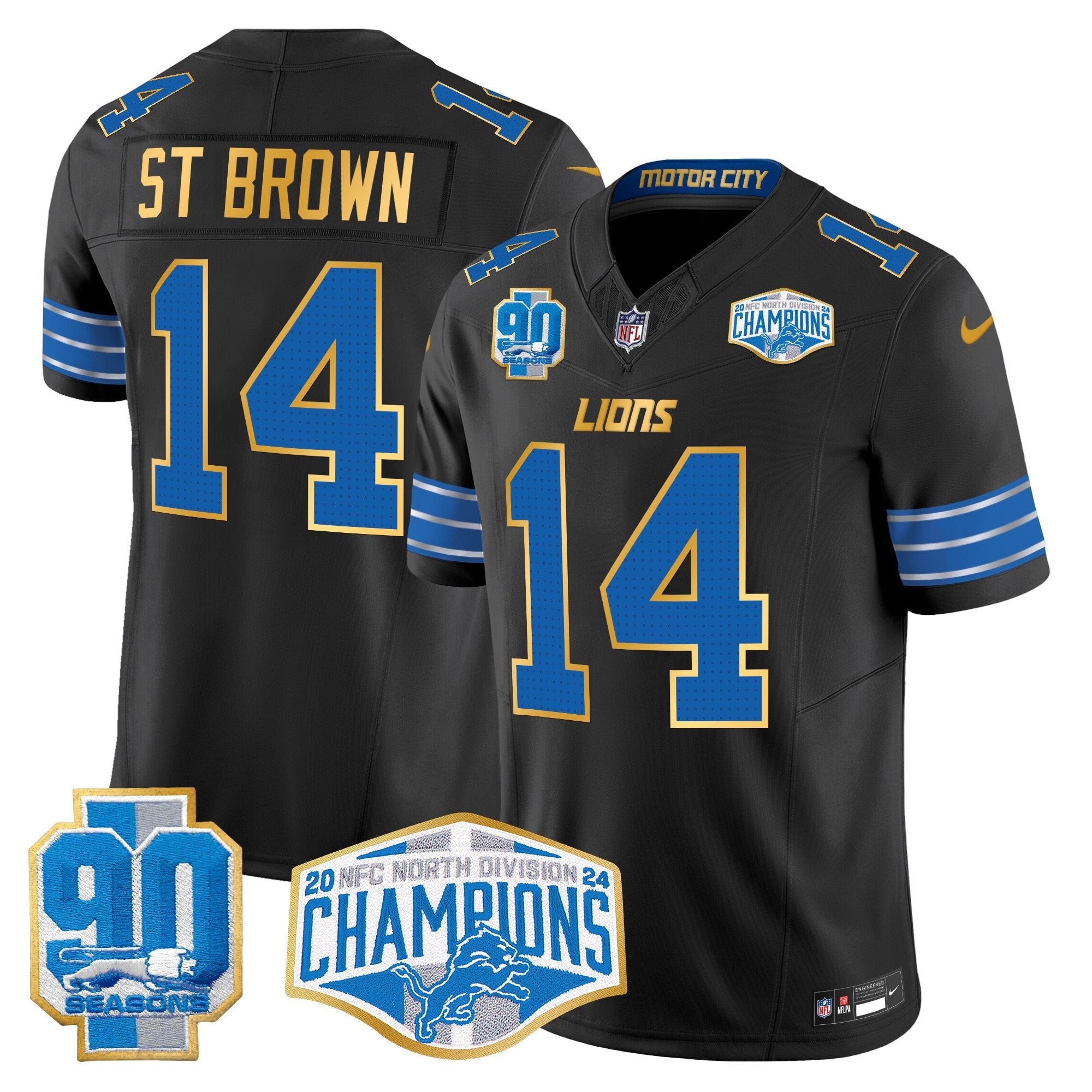 Detroit Lions 2024 NFC North Division Champions Patch Gold Trim Vapor Limited Jersey – All Stitched – Black – St. Brown Jersey