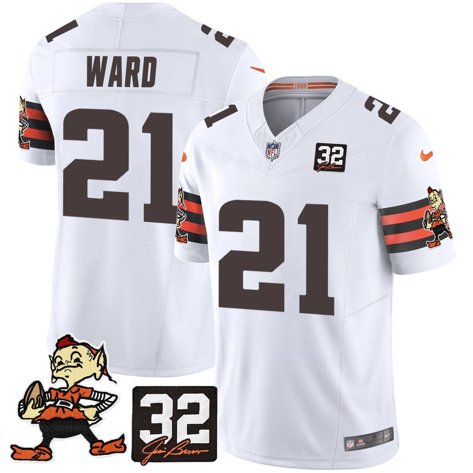 Browns #32 Jim Brown Memorial Patch Vapor Limited Jersey V2 – All Stitched – White – Denzel Ward Jersey