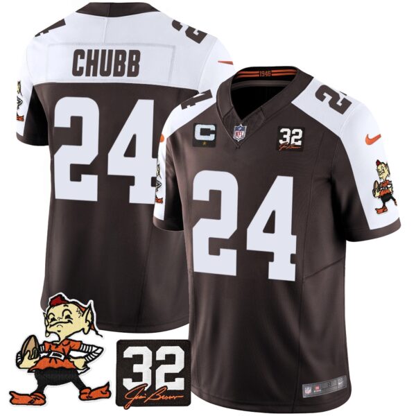 Browns #32 Jim Brown Memorial Patch Vapor Limited Jersey V2 – All Stitched – Alternate – Nick Chubb Jersey