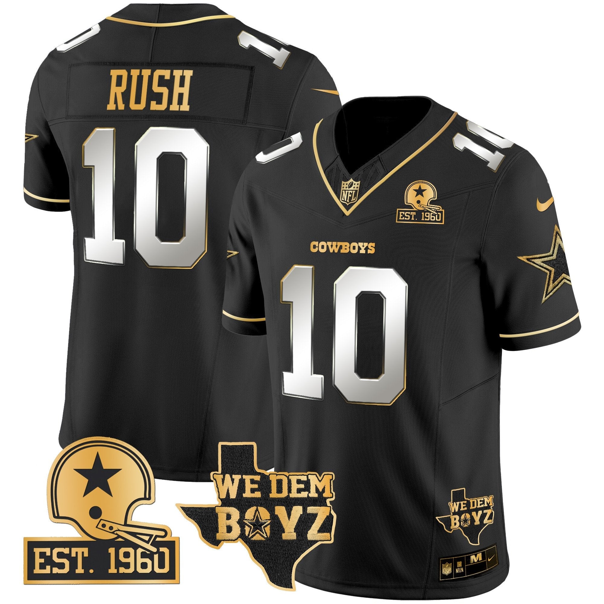 Cowboys Est. 1960 & We Dem Boyz Patch Gold Vapor Limited Jersey V2 – All Stitched – Black Limited – Cooper Rush Jersey
