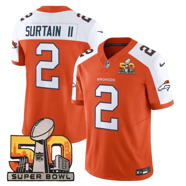 Denver Broncos Super Bowl 50 Patch Vapor Limited Jersey – All Stitched – Orange Alternate – Patrick Surtain II Jersey