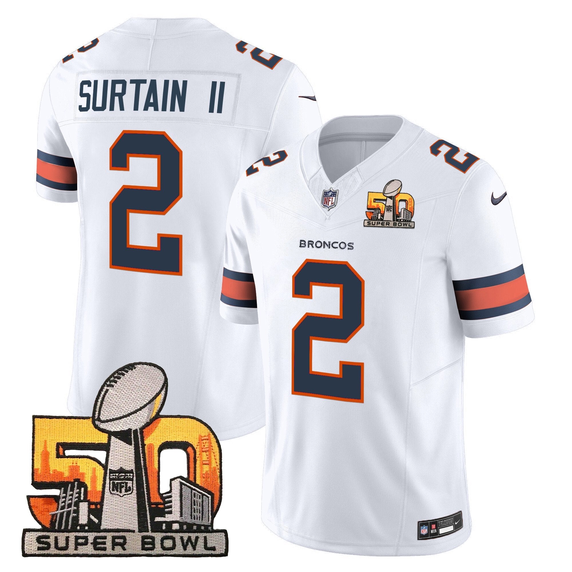Denver Broncos Super Bowl 50 Patch Vapor Limited Jersey – All Stitched – White – Patrick Surtain II Jersey