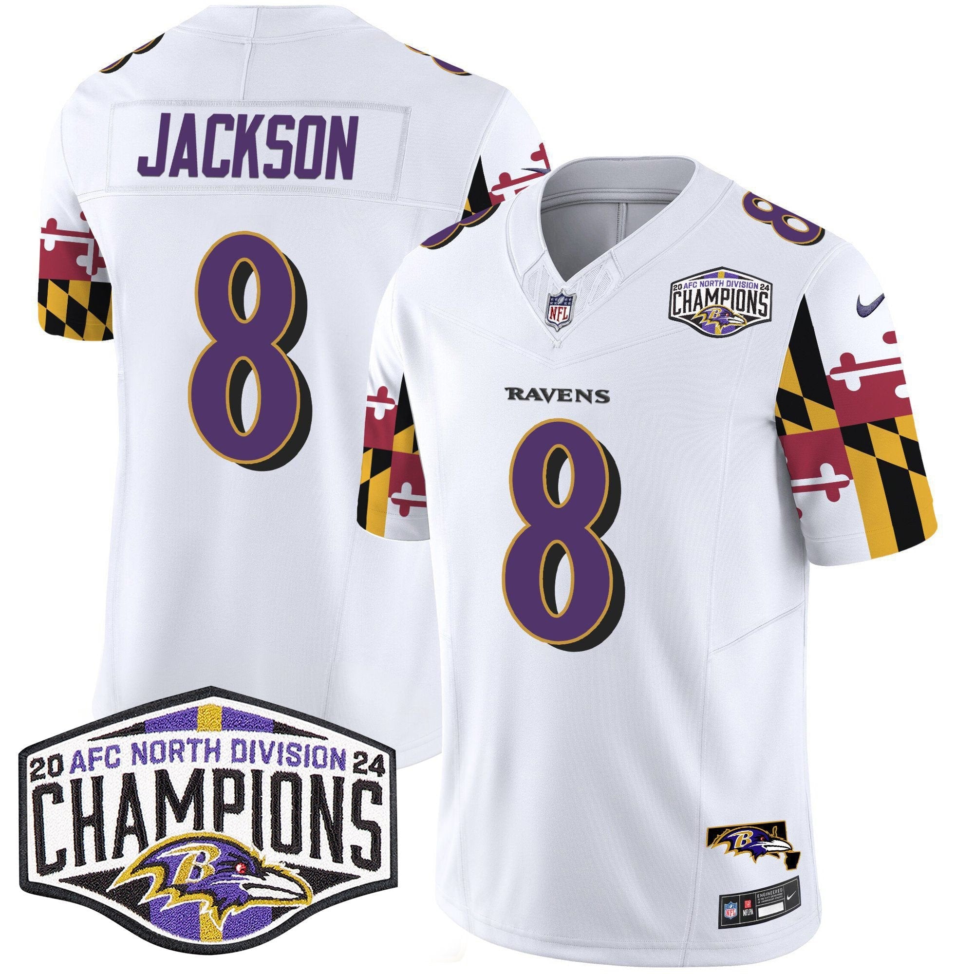 Ravens Maryland Flag 2024 AFC North Division Champions Patch Vapor Limited Jersey – All Stitched – White – Lamar Jackson Jersey
