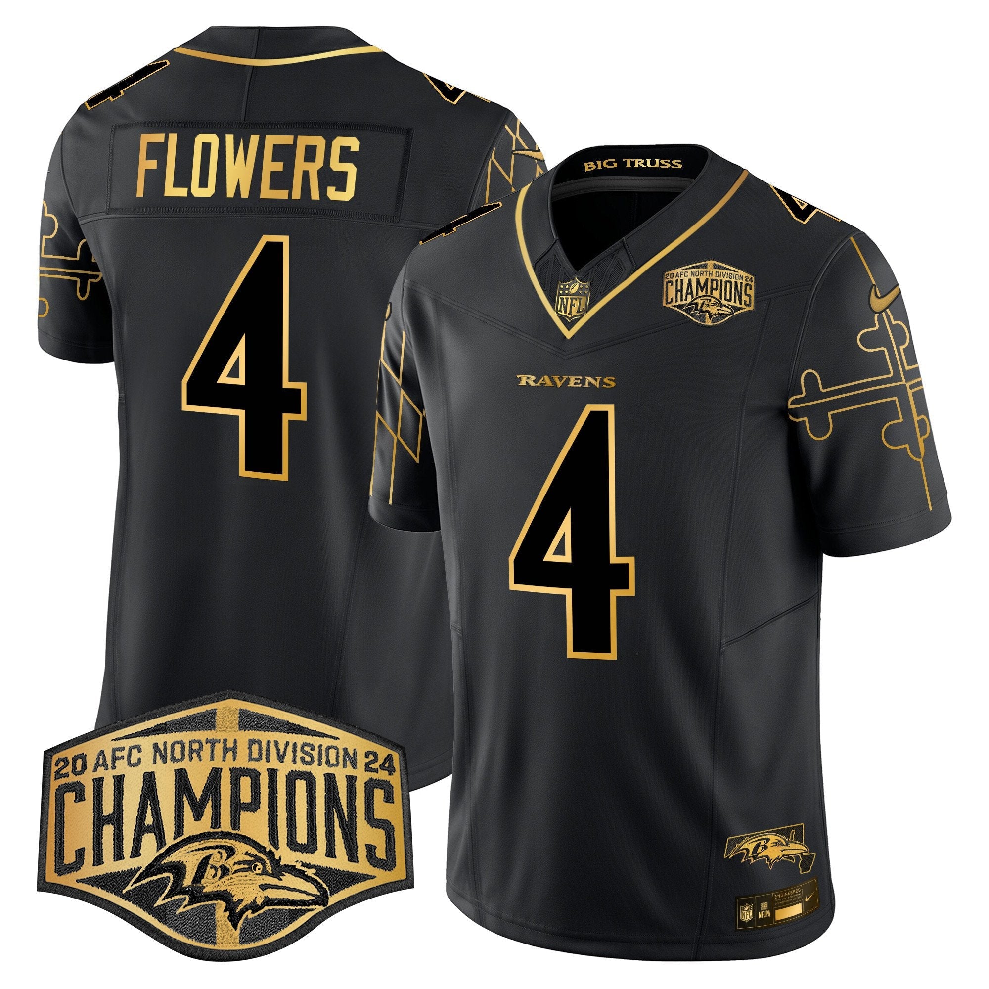 Ravens Maryland Flag Map 2024 AFC North Division Champions Patch Gold Vapor Limited Jersey – All Stitched – Black Gold – Zay Flowers Jersey