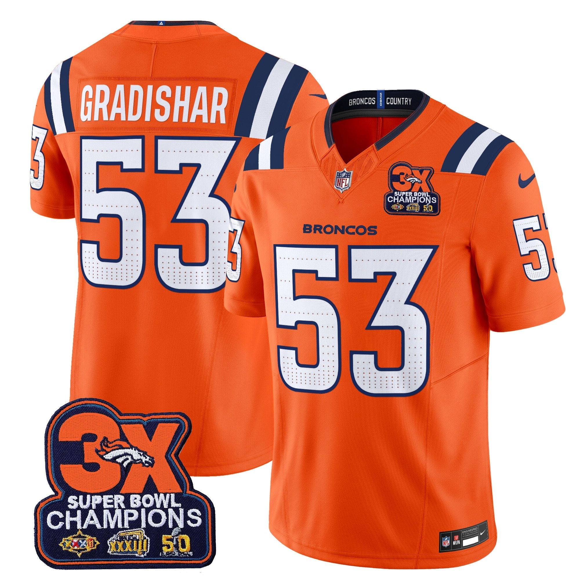 Denver Broncos 3-Time Champions Patch Vapor Limited Jersey V2 – All Stitched – Orange – Randy Gradishar Jersey