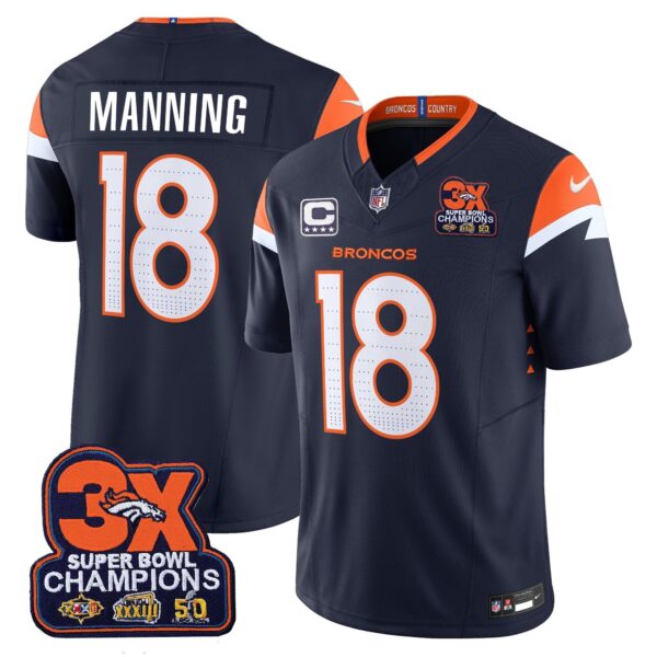 Denver Broncos 3-Time Champions Patch Vapor Limited Jersey – All Stitched – Navy – Peyton Manning Jersey