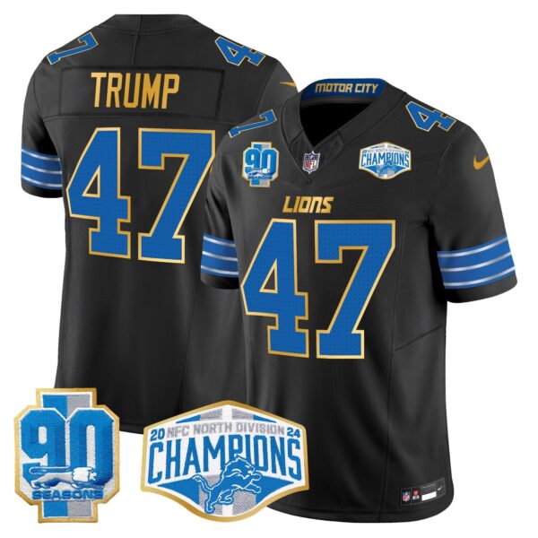 Detroit Lions 2024 NFC North Division Champions Patch Gold Trim Vapor Limited Jersey – All Stitched – Black – Donald Trump Jersey