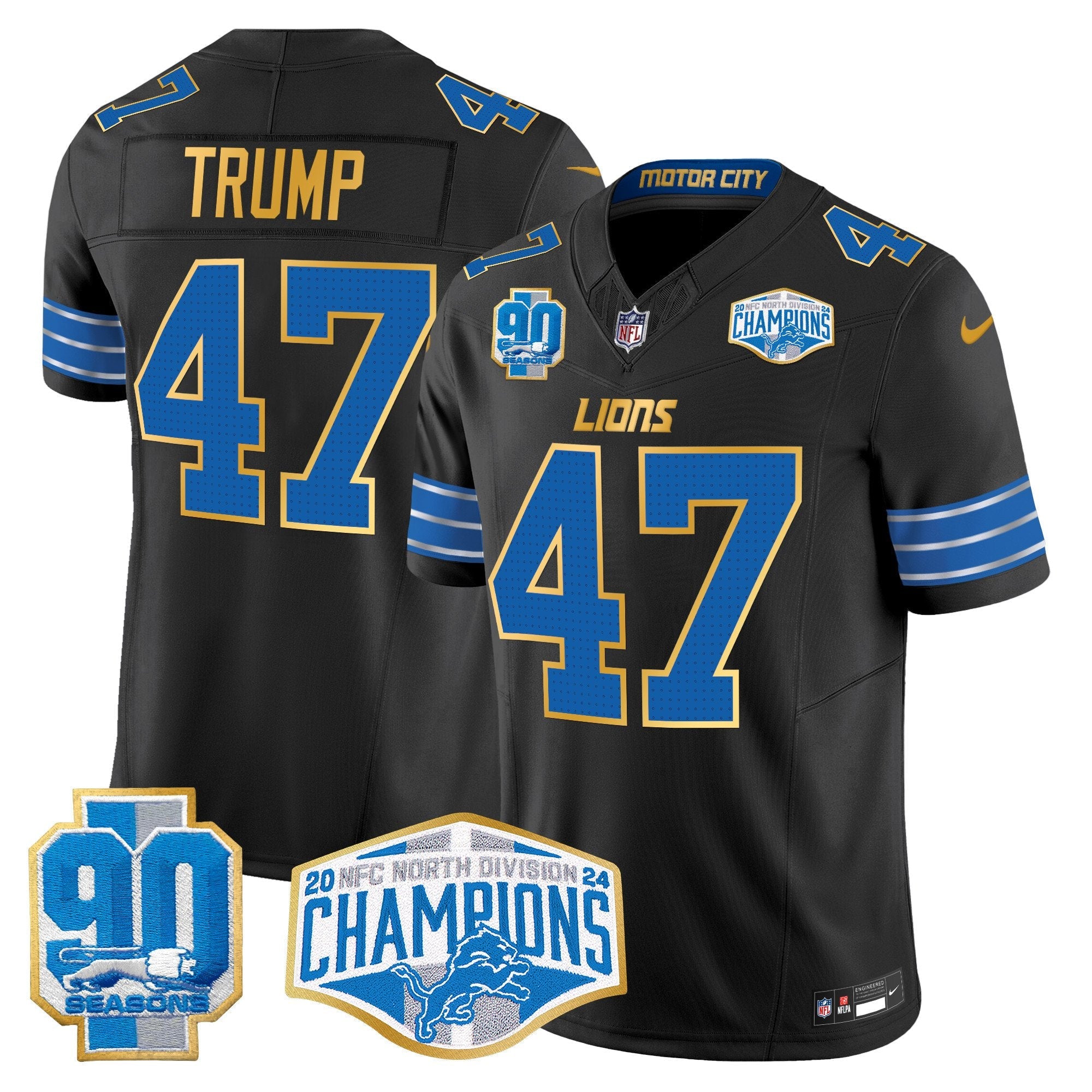 Detroit Lions 2024 NFC North Division Champions Patch Gold Trim Vapor Limited Jersey – All Stitched – Black – Donald Trump Jersey