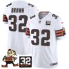 Browns #32 Jim Brown Memorial Patch Vapor Limited Jersey V2 – All Stitched – White – Jim Brown Jersey