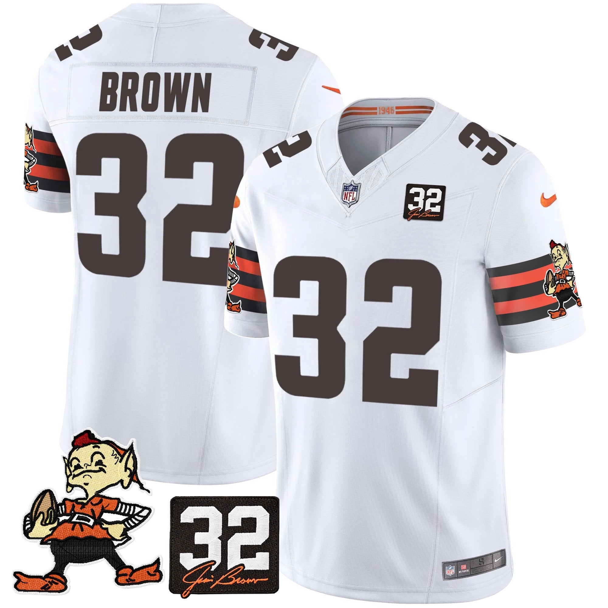 Browns #32 Jim Brown Memorial Patch Vapor Limited Jersey V2 – All Stitched – White – Jim Brown Jersey