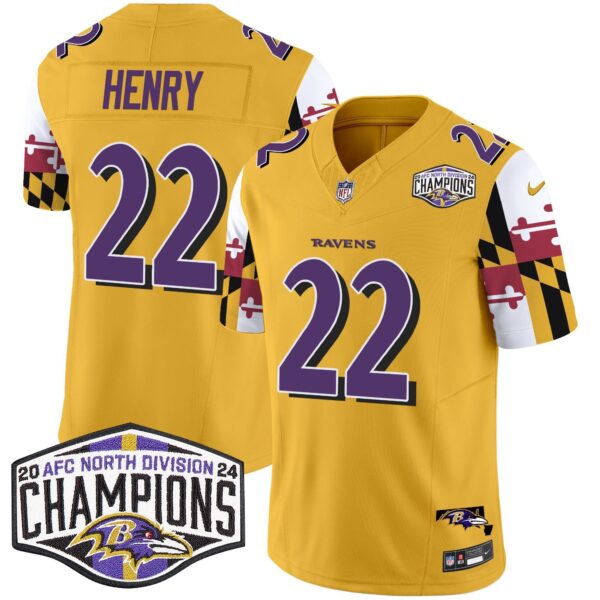 Ravens Maryland Flag 2024 AFC North Division Champions Patch Vapor Limited Jersey – All Stitched – Gold – Derrick Henry Jersey