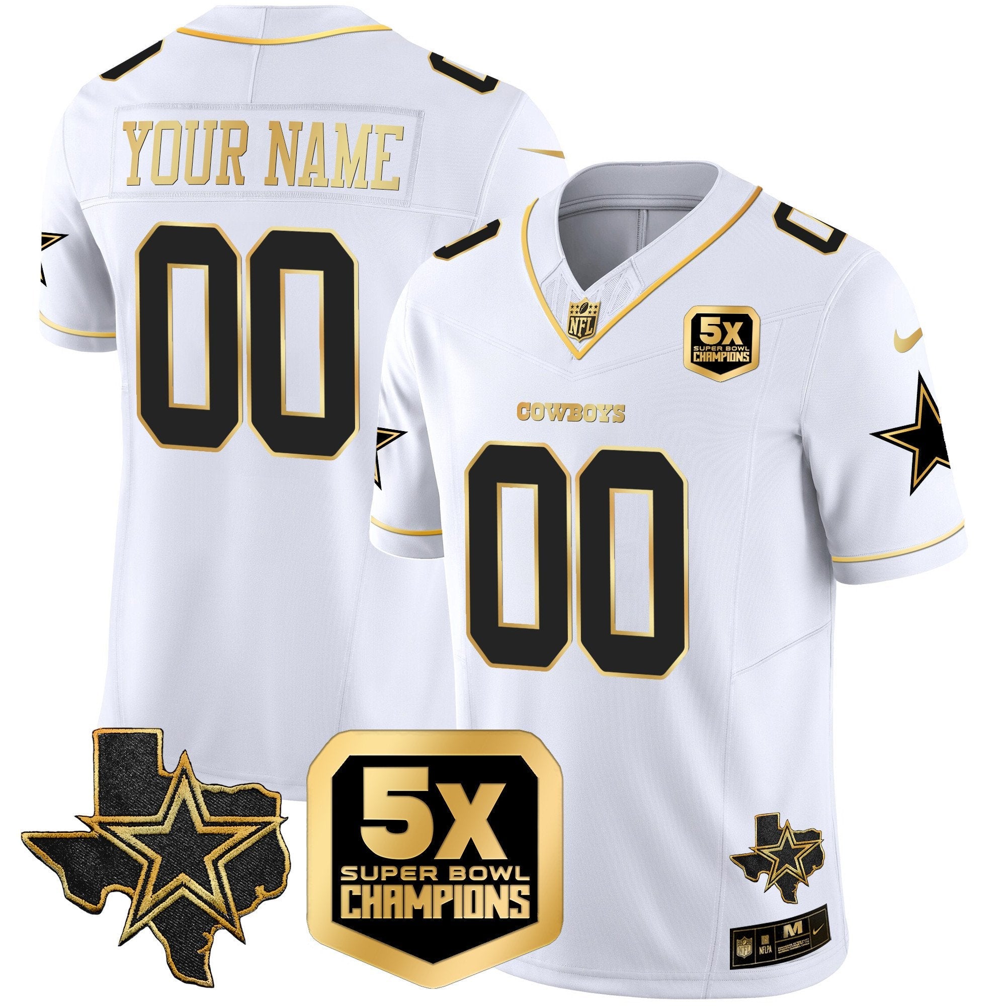Cowboys 5x Super Bowl Champions Vapor Limited Custom Jersey – All Stitched – White Gold Jersey